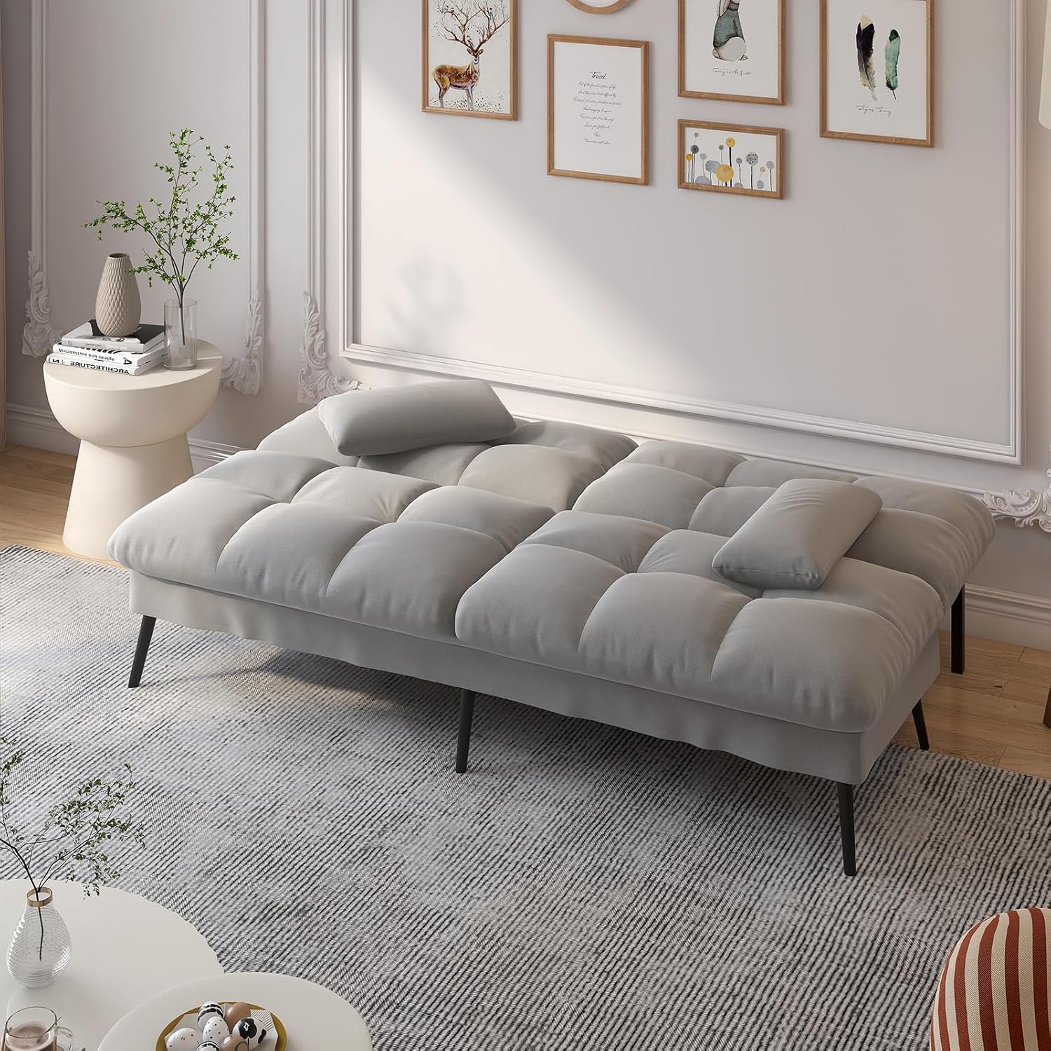 COMHOMA Convertible Futon Sofa Bed, 72″Fabric Futons Couch with Adjustable Backrest, Folding Sleeper Recliner for Living Room Furniture (Grey)