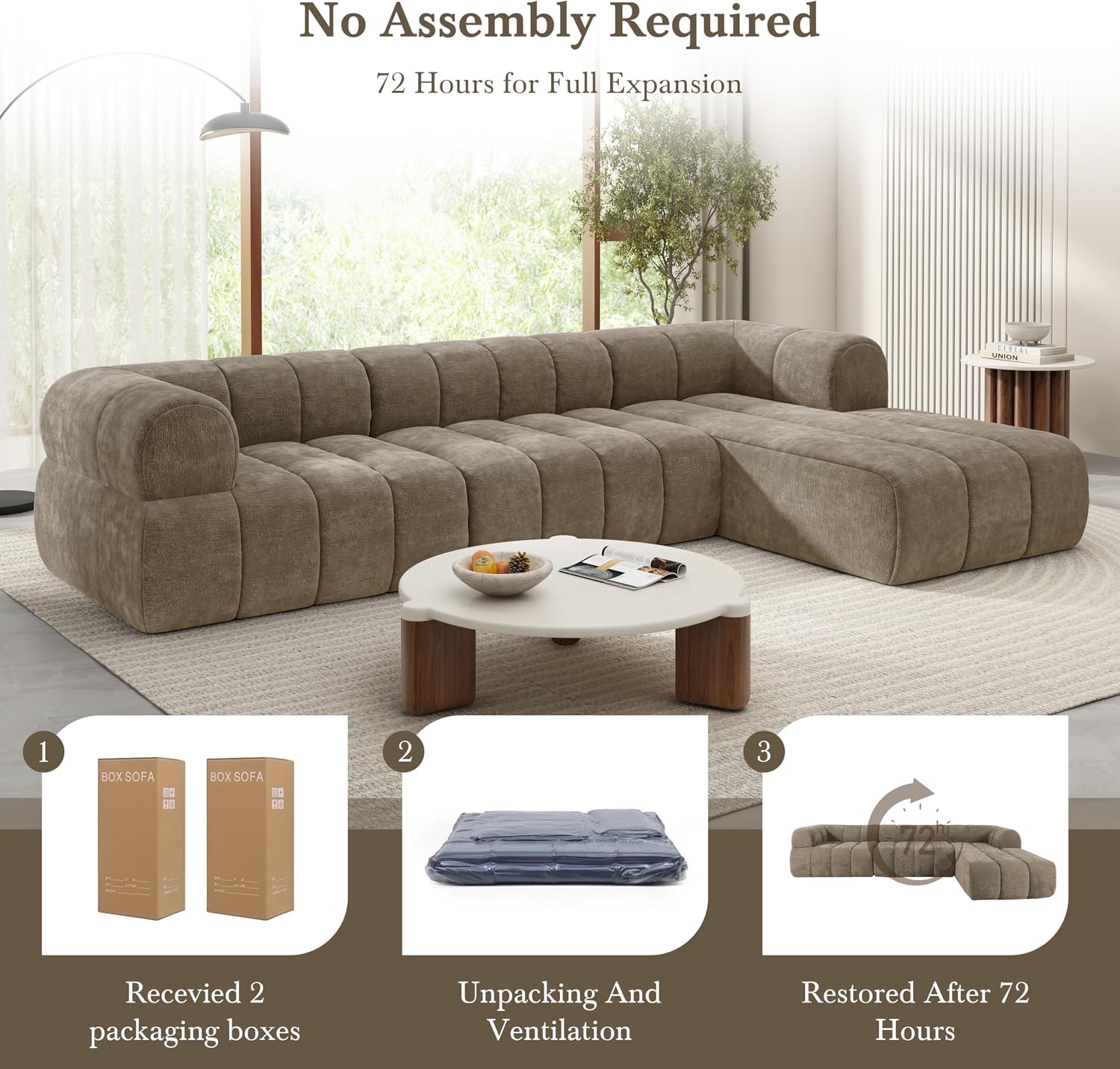 Christopher Knight Home Mania 122' Modular L-Shape Sofa Couch with Chaise Lounge, Modern Sectional Sofa Set for Living Room, Boucle Fabric Upholstered Cloud Couch with Deep Seat, Brown