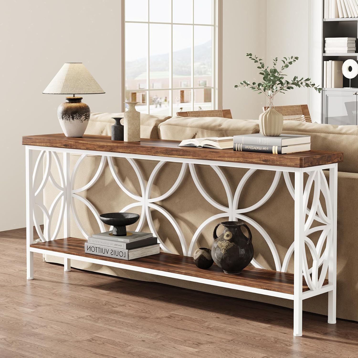 Tribesigns 70.9-Inch Narrow Sofa Table, Industrial Long Sofa Table Behind Couch, Entry Console Table with Storage for Entryway, Living Room, Foyer, Unique Design, Walnut/White