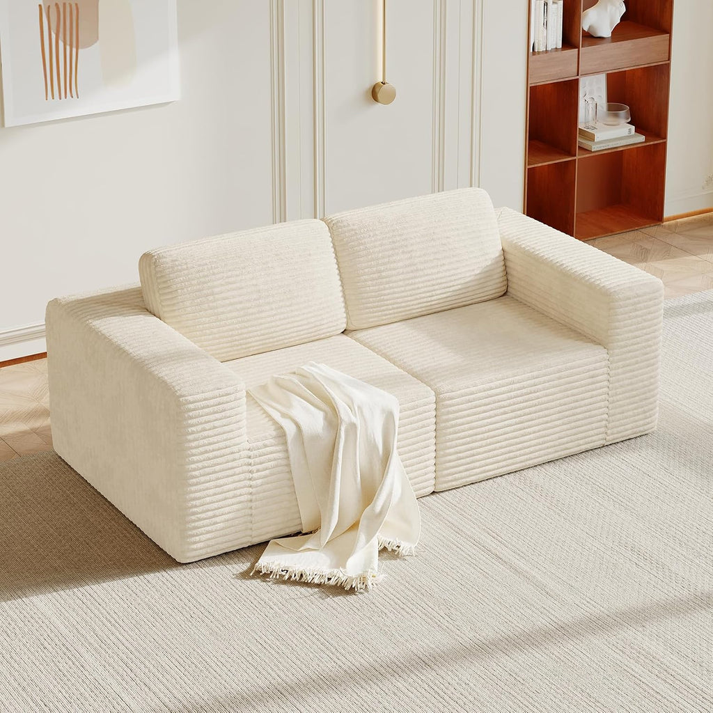 Vesgantti 80' Modular Sectional Sofa, Corduroy Cloud Couch with Deep Seating & Spring Support, 2 Seater Compact Modular Couch, Boneless Sectional Sofa for Small Spaces, No Assembly Required, Beige