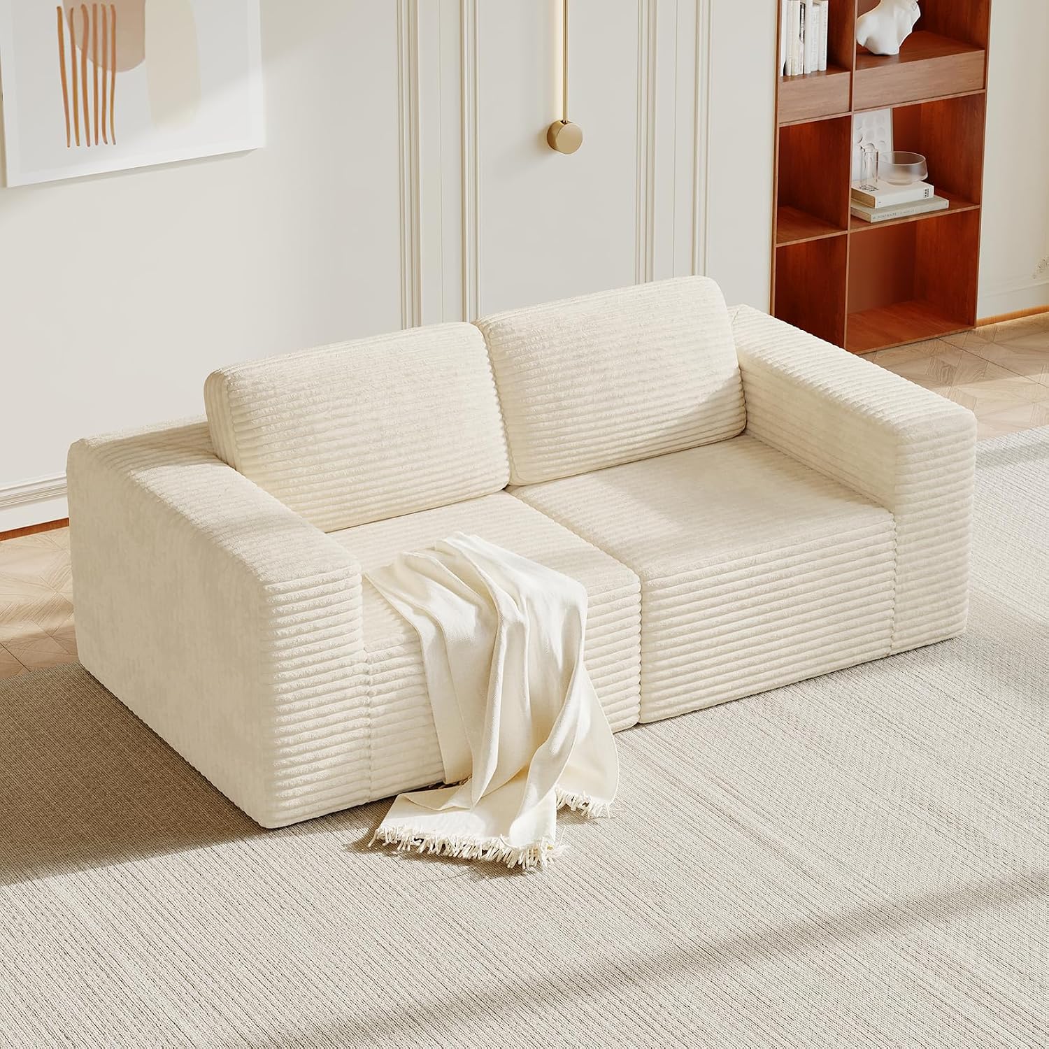 Vesgantti 80' Modular Sectional Sofa, Corduroy Cloud Couch with Deep Seating & Spring Support, 2 Seater Compact Modular Couch, Boneless Sectional Sofa for Small Spaces, No Assembly Required, Beige