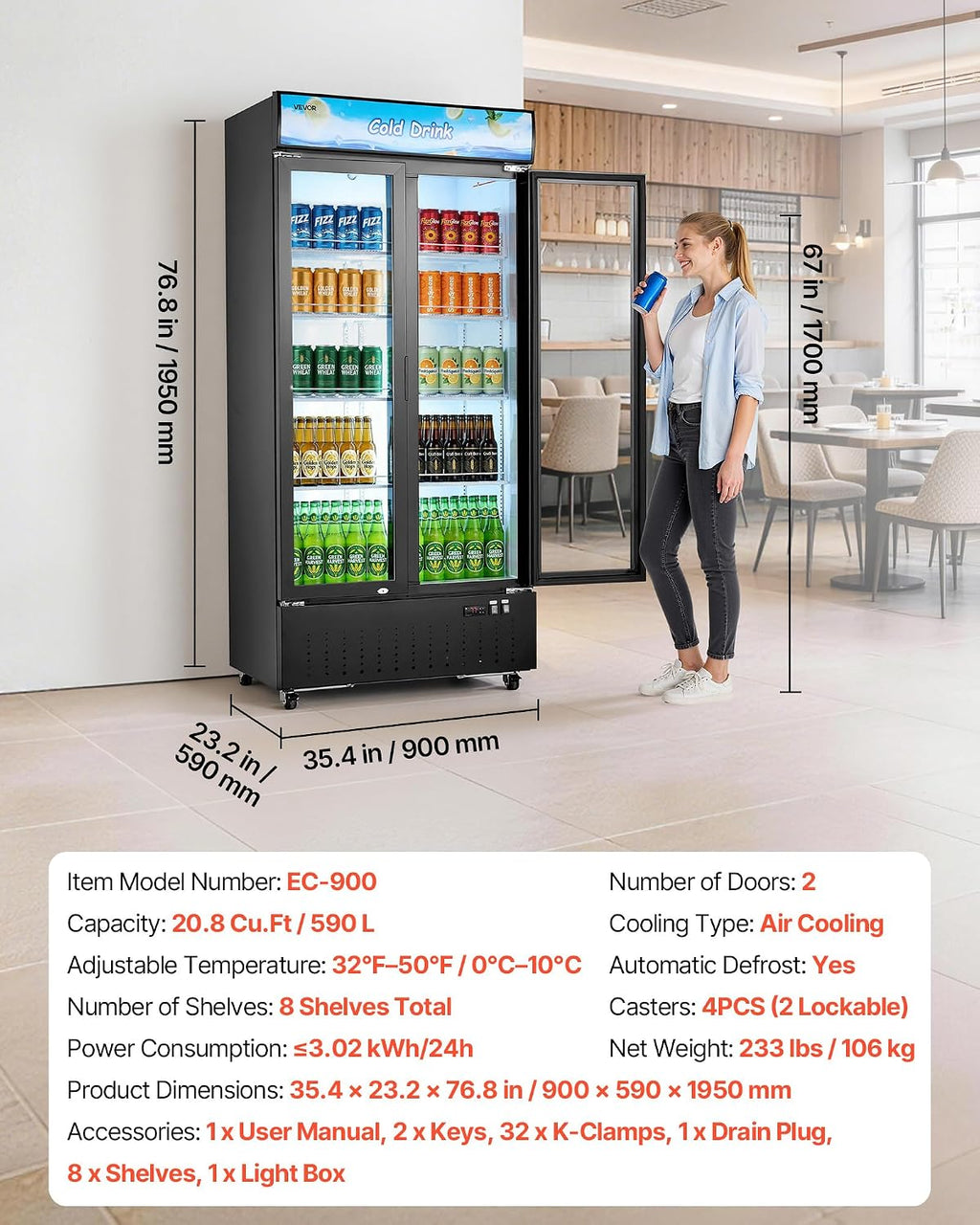 VEVOR Commercial Merchandiser Refrigerator, 20.8 Cu.Ft / 590L Upright Beverage Cooler, 2 Glass Door Display Refrigerator with Customizable Lightbox, 8 Adjustable Shelves, Soft LED Lighting & Casters
