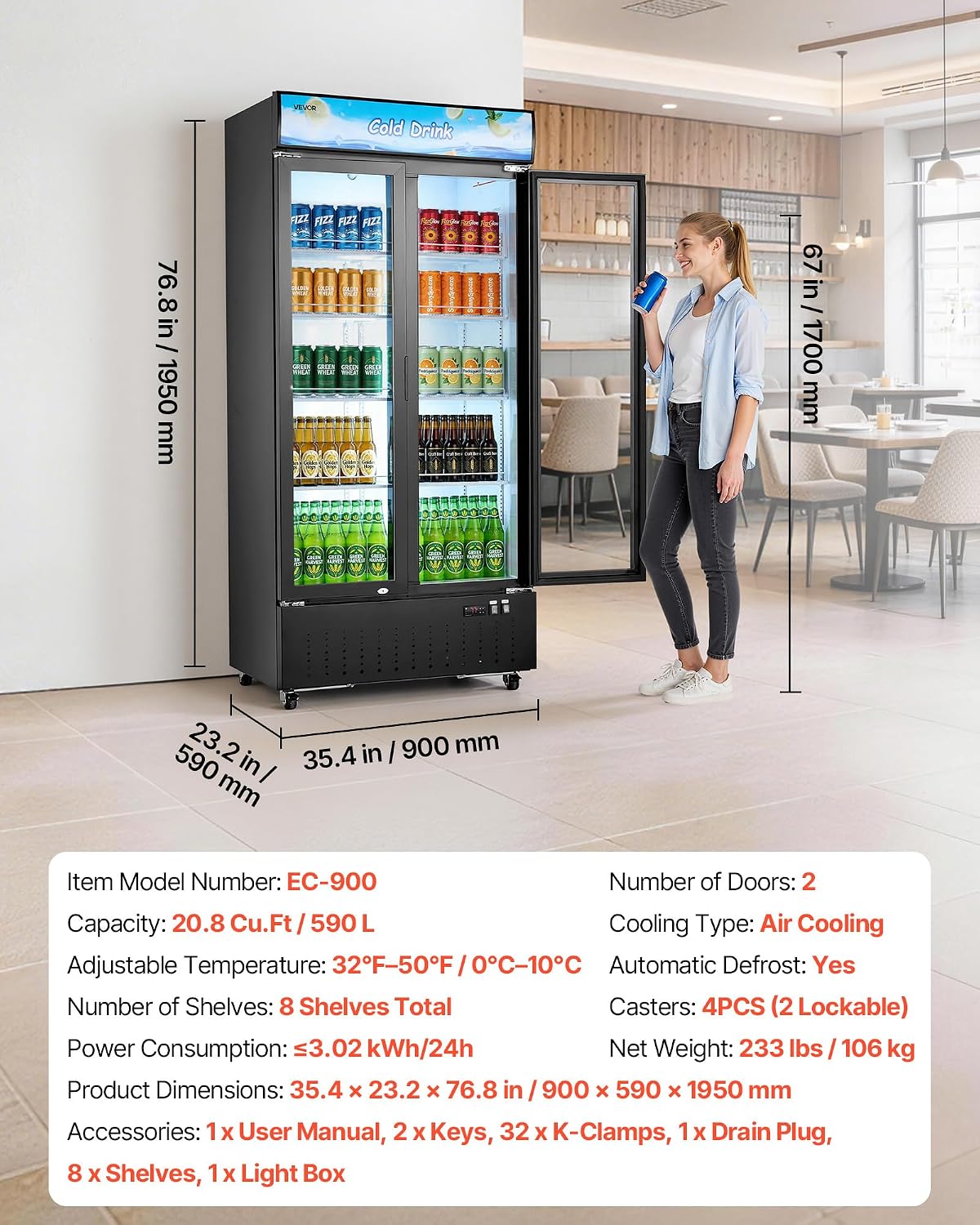 VEVOR Commercial Merchandiser Refrigerator, 20.8 Cu.Ft / 590L Upright Beverage Cooler, 2 Glass Door Display Refrigerator with Customizable Lightbox, 8 Adjustable Shelves, Soft LED Lighting & Casters