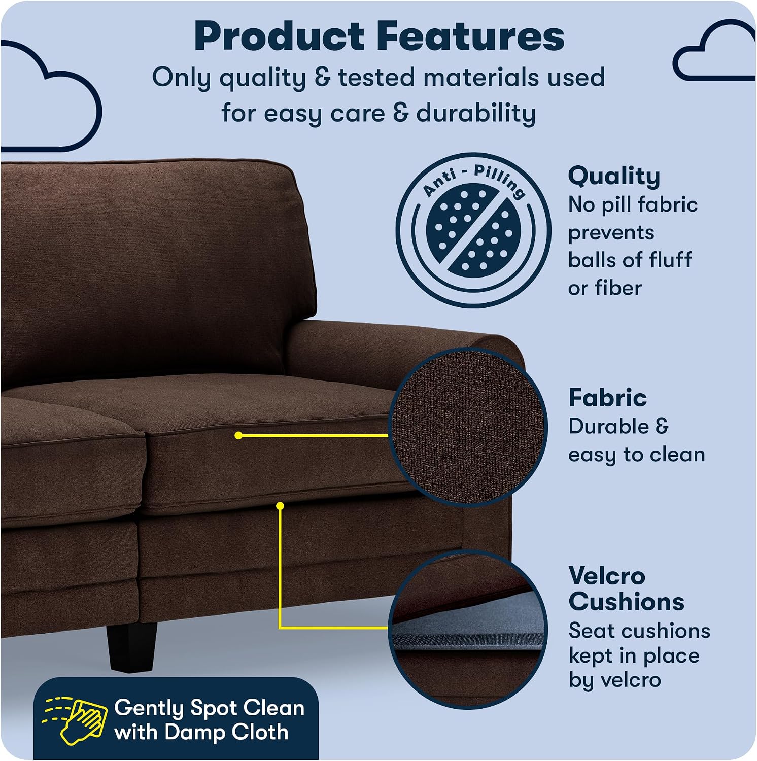 Serta Copenhagen 73' Rolled Arm Sofa, Easy Care Polyester, Soft Pillow Back, Pocket Coil Seat Cushions, Removable Covers, Loveseat or Couch for Small Spaces, Living Rooms or Bedrooms, Brown
