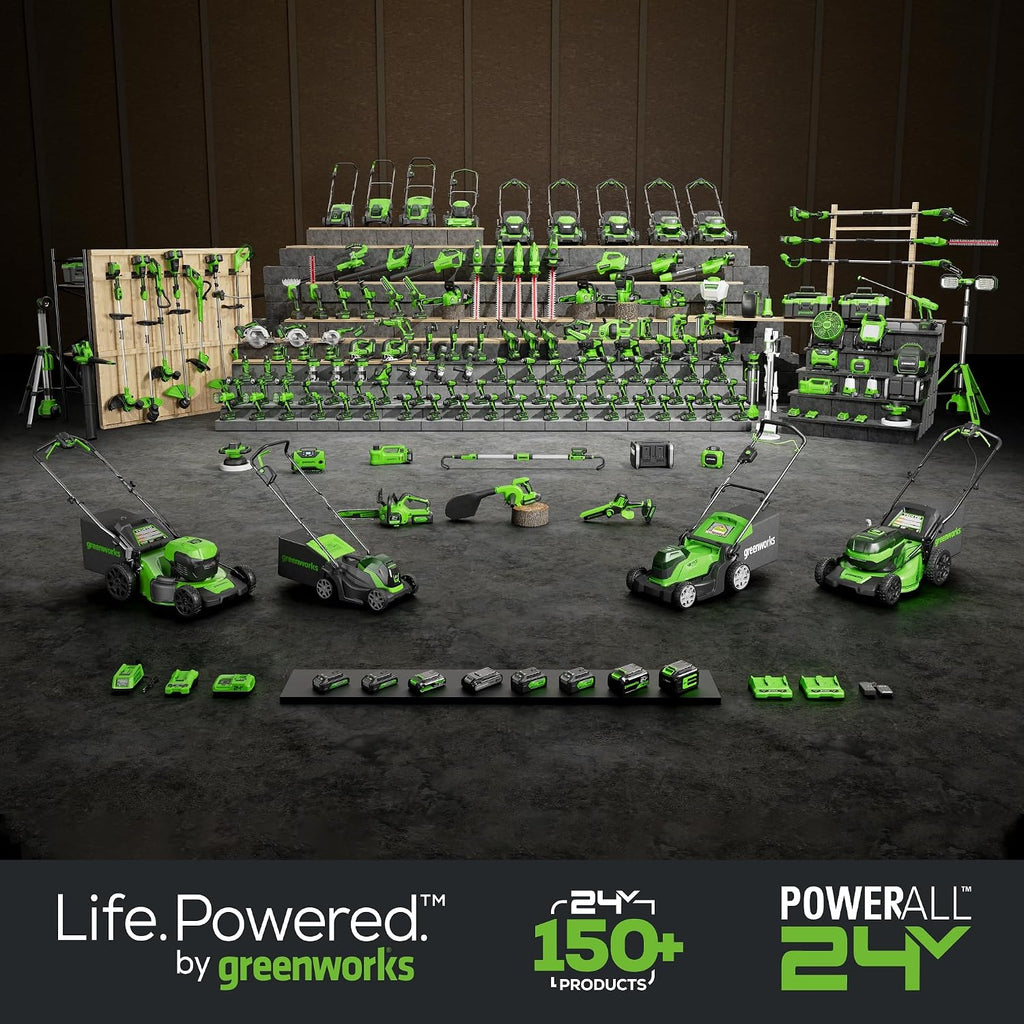 Greenworks 80V 21' Brushless Cordless (Self-Propelled) Lawn Mower (LED Headlight + Aluminum Handles), 4.0Ah Battery and Rapid Charger + Bonus 24V Power Tool Combo Kit