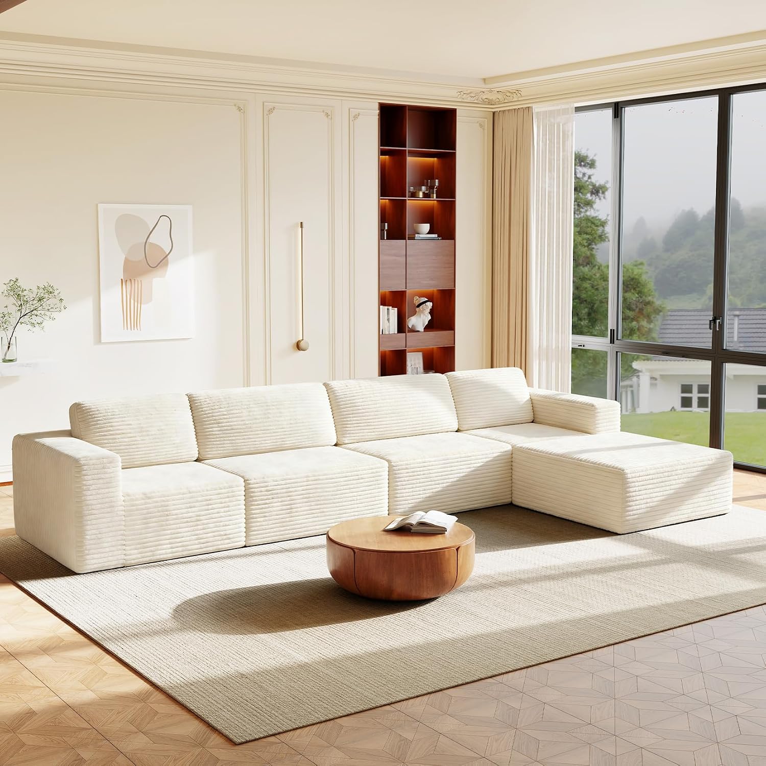 Vesgantti 159' Large Modular Sectional Sofa, L-Shaped Corduroy Cloud Couch with Deep Seats & Spring Support, 4-Seater Boneless Sofa with Movable Ottoman, No Assembly Needed, Beige