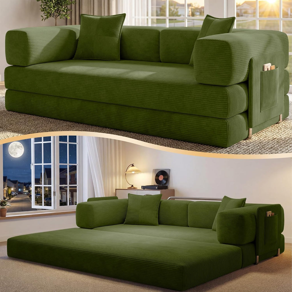 78.8' Convertible Sofa Bed,Corduroy Futon Couch with Storage Pocket,Folding Pull Out Futon Sofa,No Assembly Boneless Couch for Living Room,Green