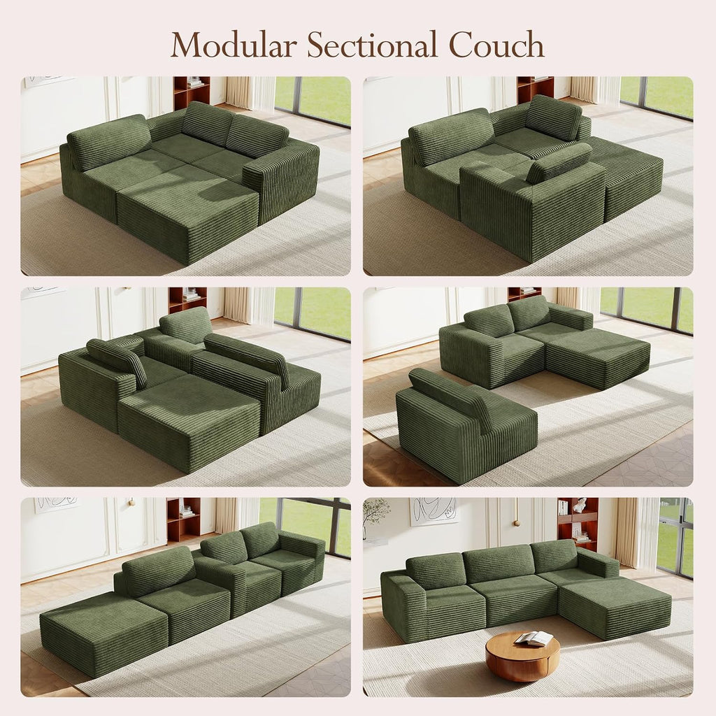 Vesgantti 119' L-Shaped Modular Sectional Sofa, Corduroy Cloud Couch with Deep Seating & Spring Support, Flexible Layout Sofa with Ottoman, Boneless Style, No Assembly Required, Green