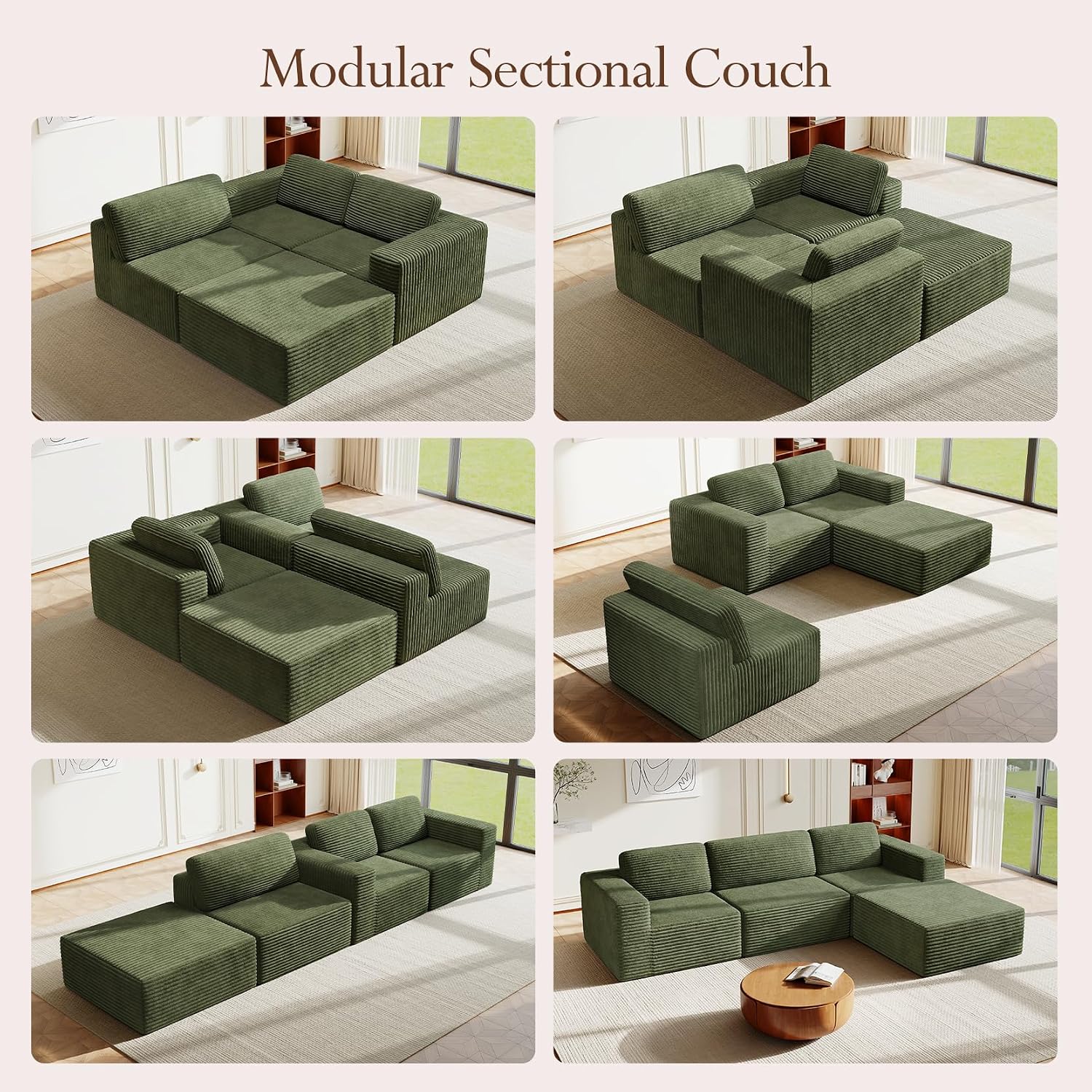 Vesgantti 119' L-Shaped Modular Sectional Sofa, Corduroy Cloud Couch with Deep Seating & Spring Support, Flexible Layout Sofa with Ottoman, Boneless Style, No Assembly Required, Green