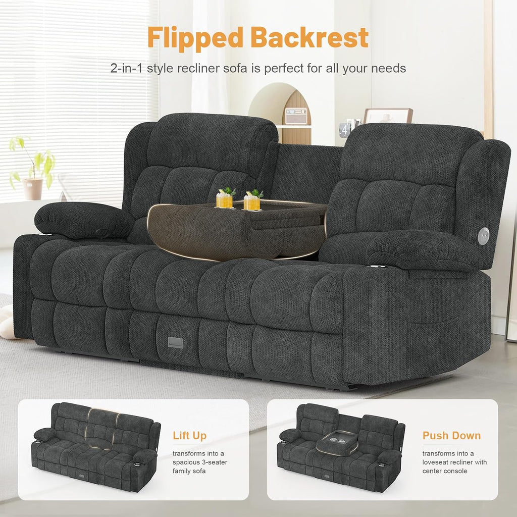 Dresegmt Loveseat Recliner Sofa, Flip Middle Backrest Design 3 Seat Reclining Sofa with Storage Drawer, USB Ports & Cup Holders, Manual Couch for Living Room/RV (New Gray)