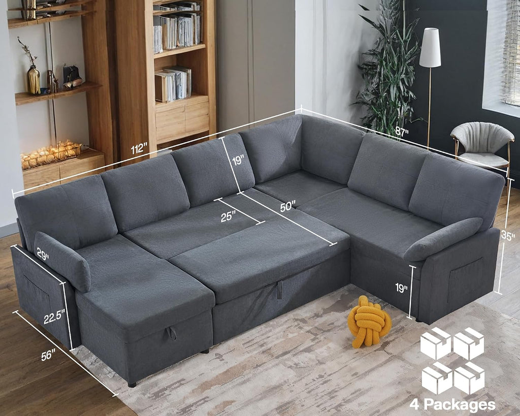 AMERLIFE 112 inch Sleeper Sofa, 2-in-1 Sofa Bed with Storage Chaise, Oversized U Pull Out Shape Sofa Couch for Living Room, Guest Room, Linen Grey