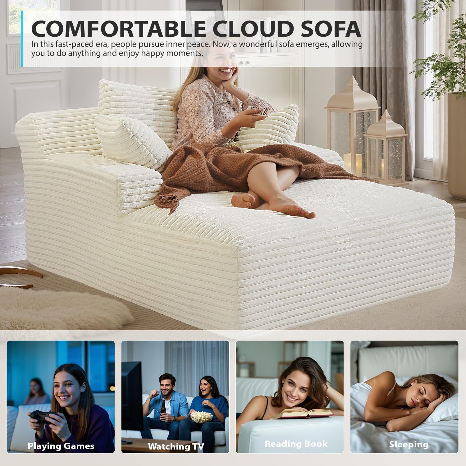 ivoros 50 Inch Chaise Lounge Chair Indoor, Oversized Corduroy Upholstered Boneless Sofa Bed, Deep Seat Sleeper Couch Reading Chairs, Cloud Sofas Couches for Living Room, No Assembly Required (Beige)