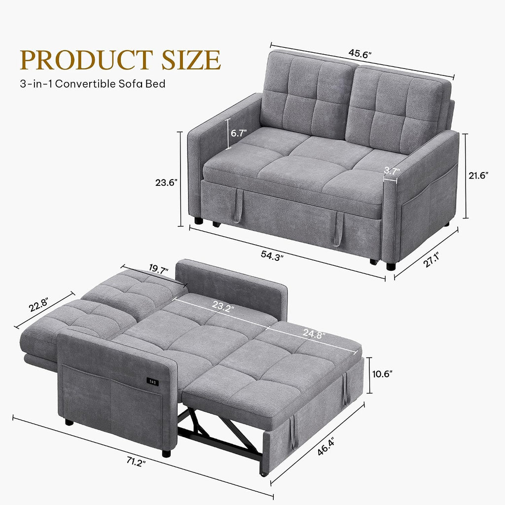 DWVO 3 in 1 Convertible Sleeper Sofa Bed, 55' Pull Out Sofa Bed with Adjustable Backrest and USB, Velvet Futon Couch with Side Pockets for Living Room, Grey