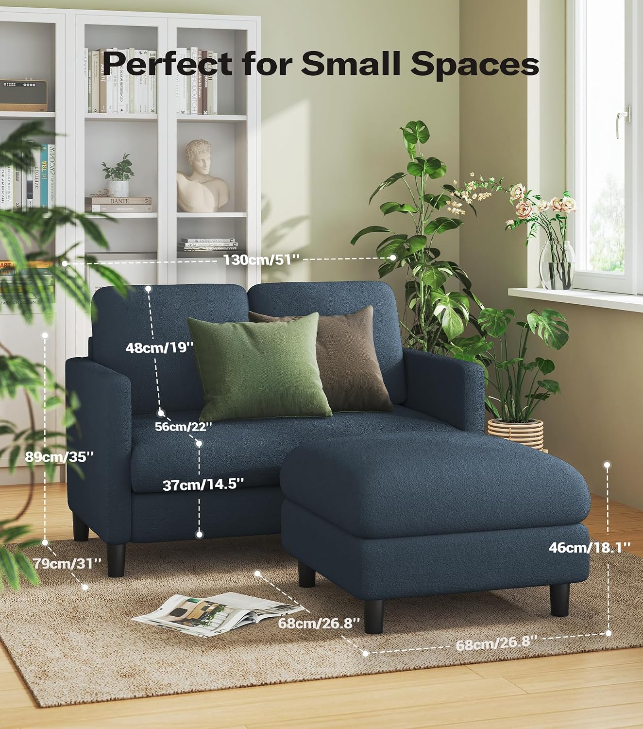 Welzona Loveseat, 51' Small L Shaped Couch, Comfy Teddy Love Seat with Ottoman Set, Tool-Free Setup Loveseat Sofa with Ottoman, All-Wood Small Sofa Couch for Bedroom, Couch for Living Room, Blue Grey