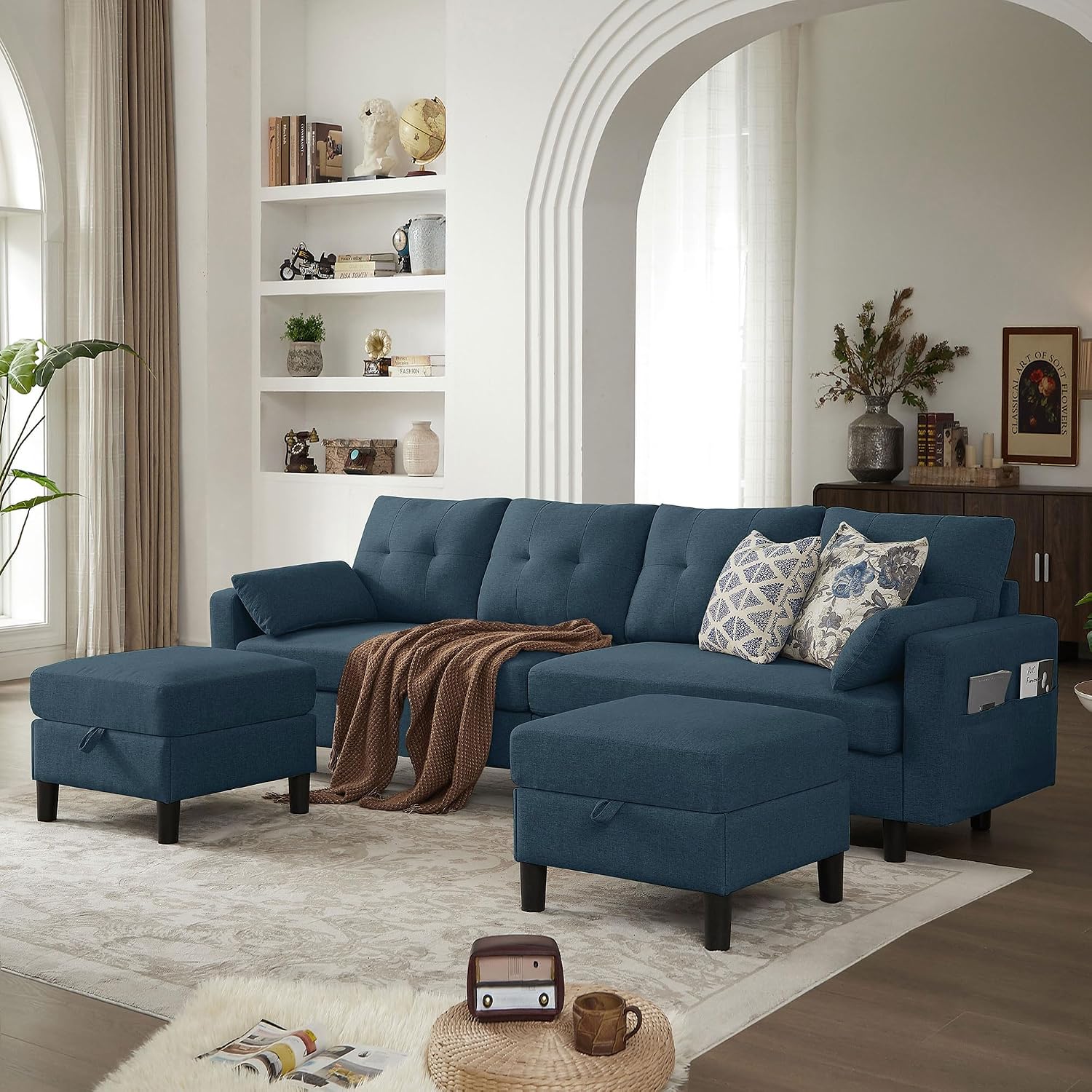 101' Sectional Sofa 4 Seat U Shaped Couch with Storage Ottoman for Living Room, Reception Room ect, Combination Sectional Couch with Movable Ottoman Sets, Blue