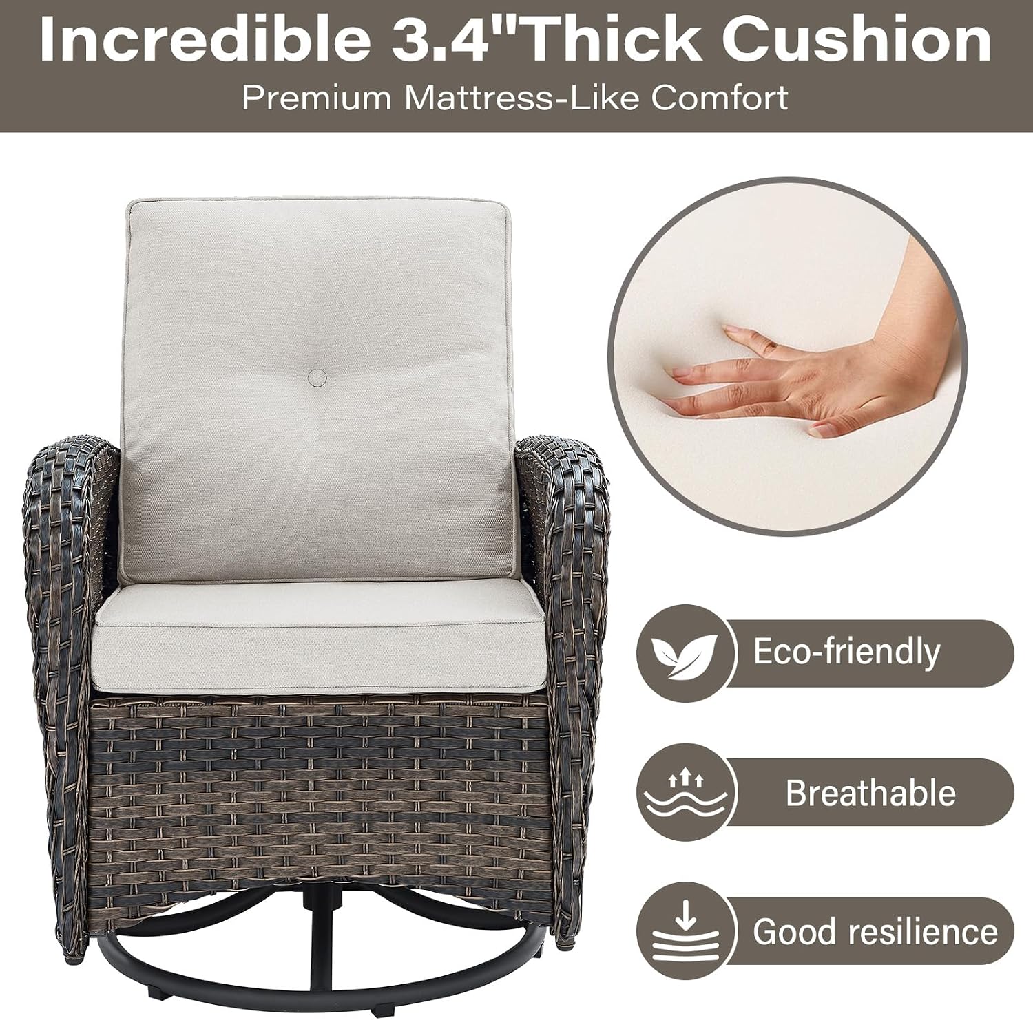 Belord 5 Piece Swivel Rocker Glider Outdoor Chairs Set of 2 with Ottoman and Glass Side Table Patio Bistro Furniture Set, Comfort High Back Wicker Patio Conversation Set for Deck Porch Sunroom