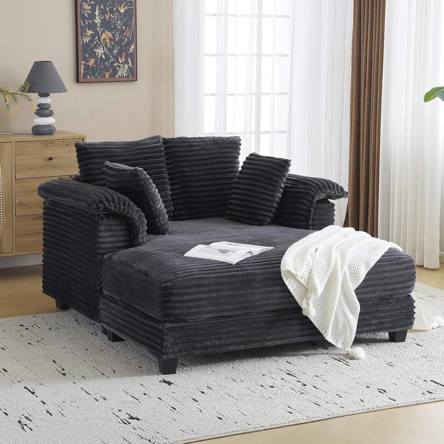 VINGLI 56' Oversized Chaise Lounge Chair, Dark Grey Comfy Corduroy Chaise Sofa Recliner Bed Upholstered Sleeper Couch Bed with Throw Pillows and Armrests for Living Room, Movie Room, Bedroom
