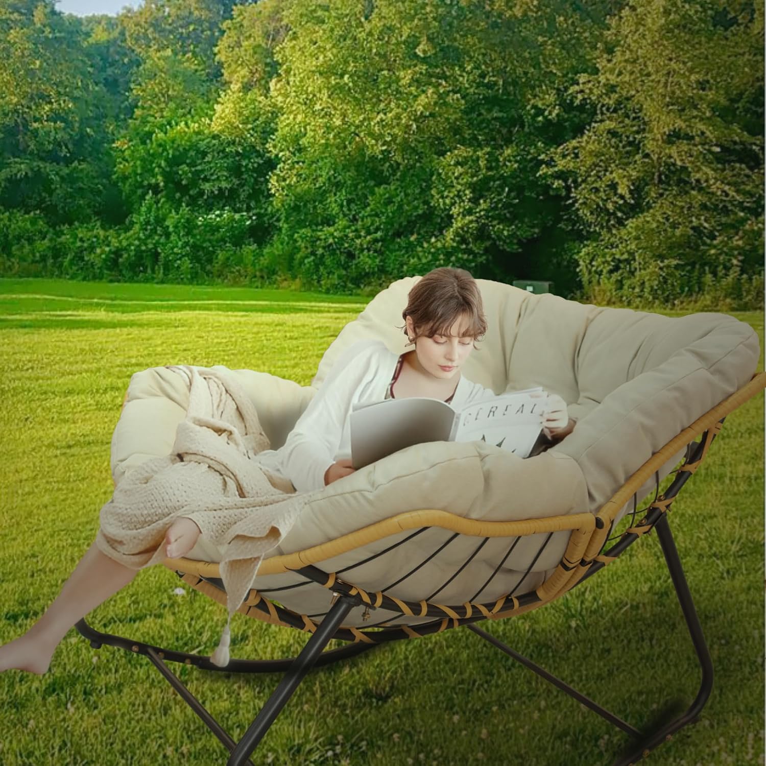 Outdoor Rocking Chair, Patio Egg Rocking Chair, Indoor Papasan Chair, Rattan Wicker Lounge Chair, Modern Royal Chair for Bedroom, Living Room, Porch, Garden,Lawn