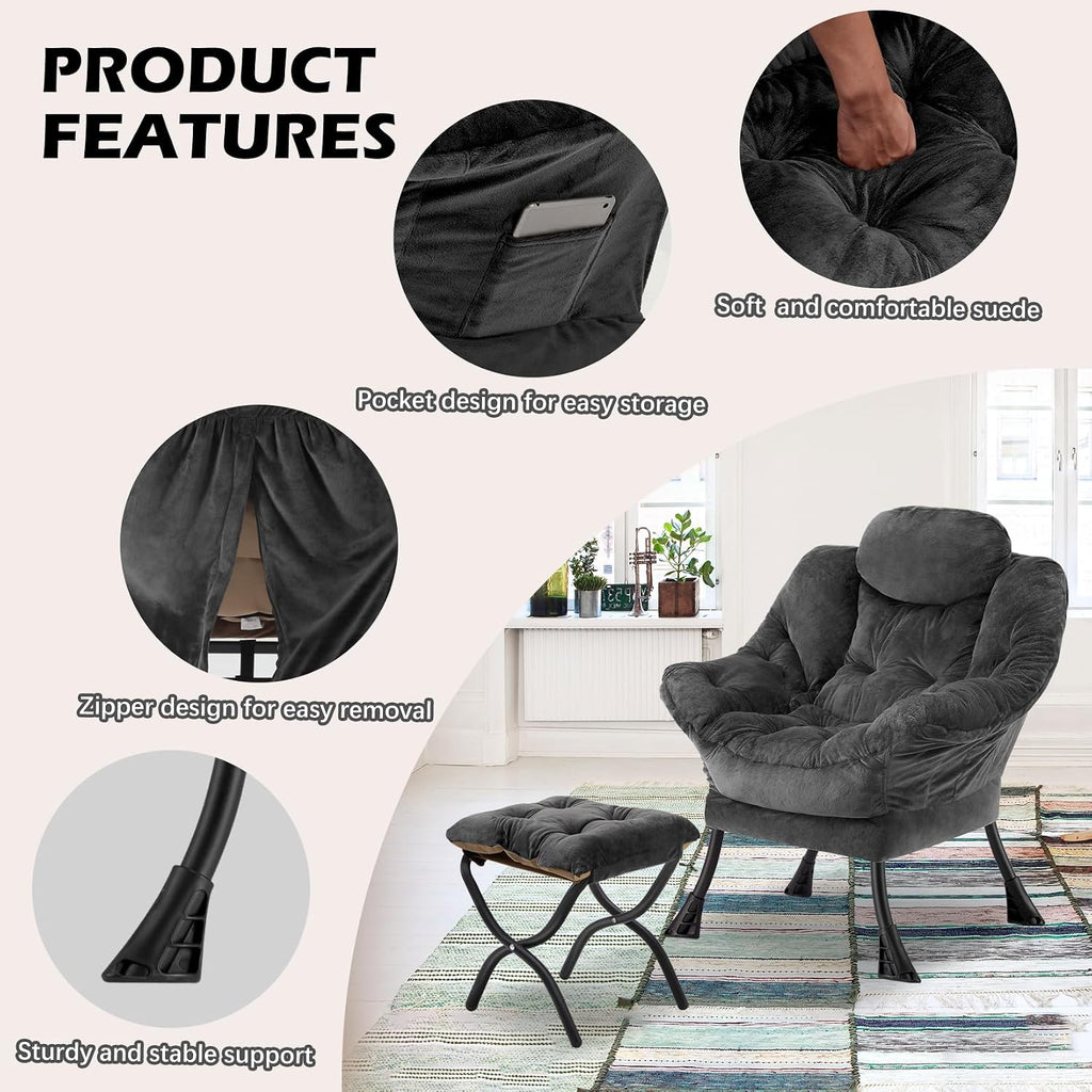 Lazy Chair with Folding Ottoman,Leisure Sofa Chair,Soft Fabric Armchair with Armrests and Side Pockets, Reading Chair with Footrest for Living Room, Bedroom, Office (Plush Dark Grey)