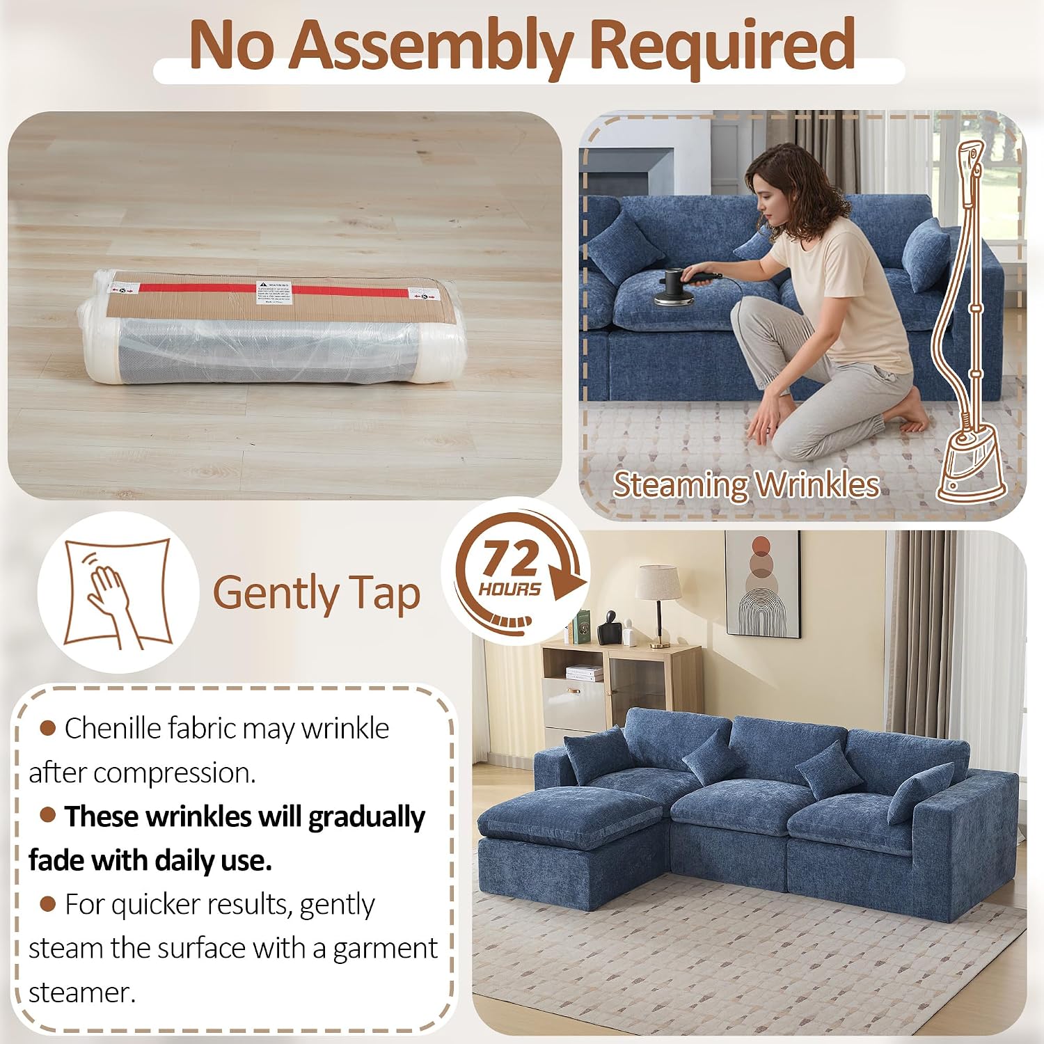 115''Cloud Boneless Sectional Couch, Modular Sectional Sofa Deep Seat with Ottoman, Oversized Upholstered Convertible Comfy 4 Seater Chenille Sofa L Shape Couches for Living Room, Blue