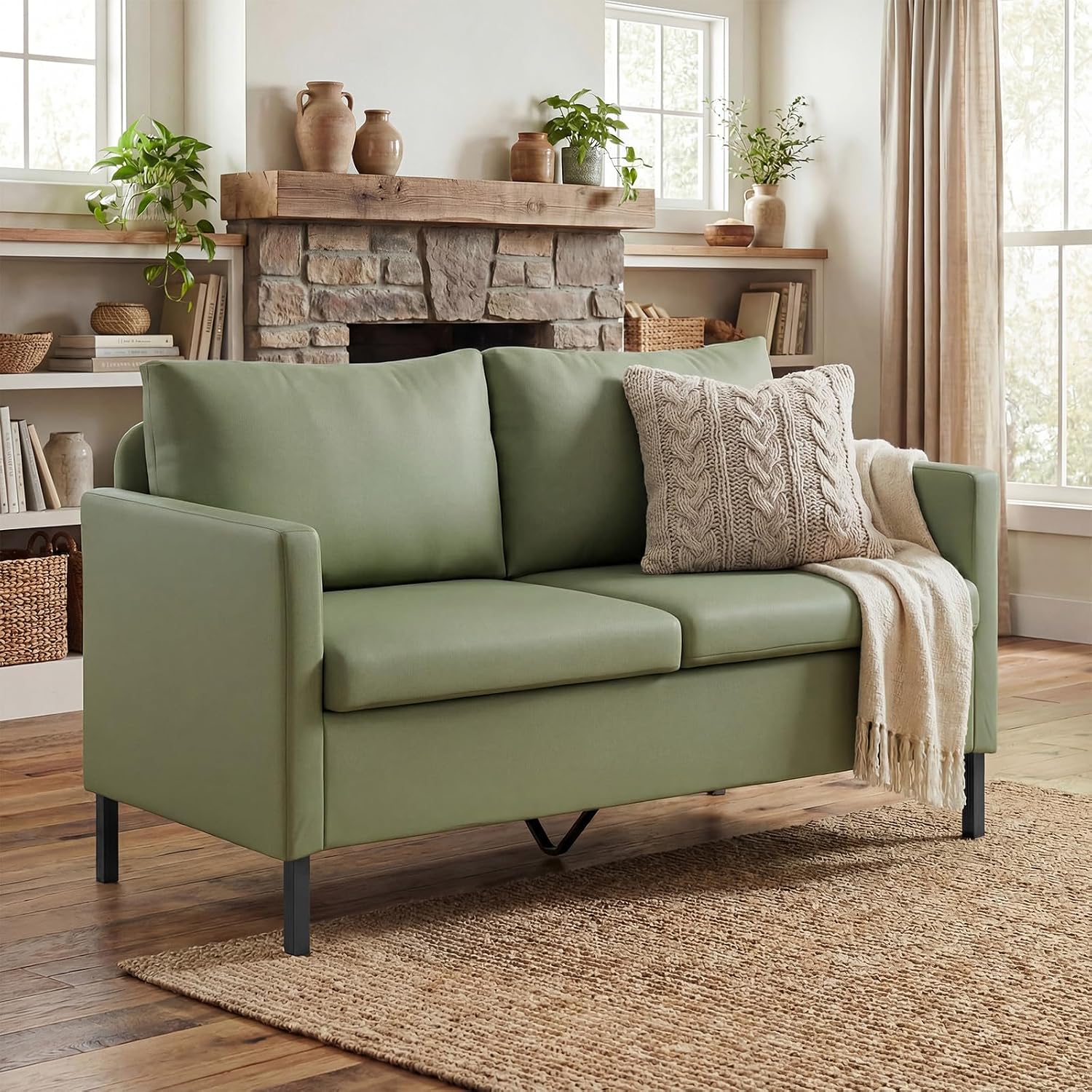 TYBOATLE Faux Leather Modern Small Couches for Small Spaces, Comfy Upholstered Love Seat for Bedroom, 2 Seater Mini Couch for Apartment, Dorm, Office, Green