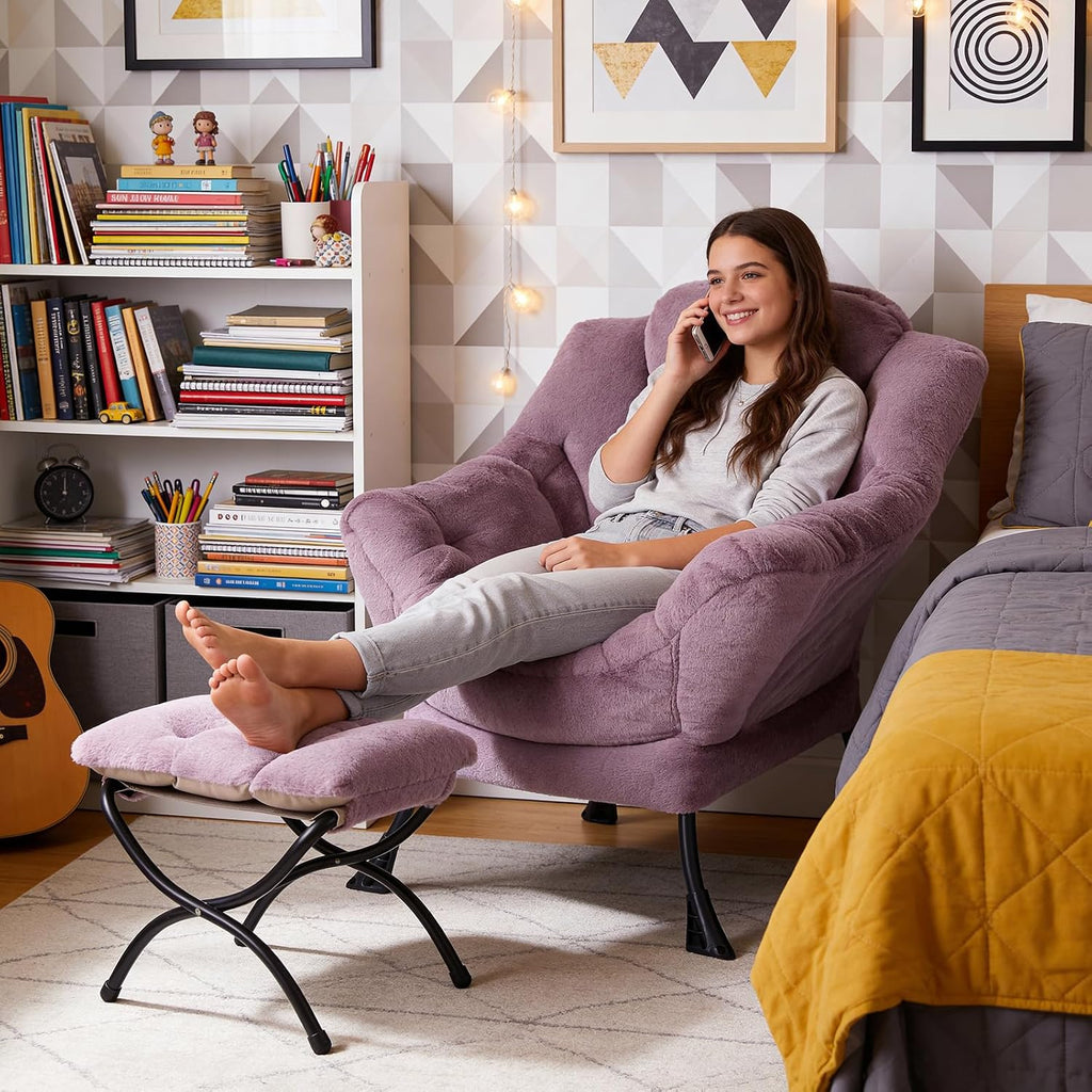 MBOOYOME Lazy Chair with Ottoman, Modern Accent Lounge Armchair with Side Pocket & Foldable Footstool, Leisure Reading Chair for Living Room, Bedroom, Dorm & Office, Plush Purple