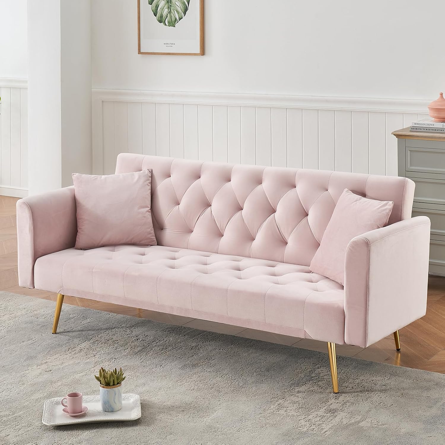 71' Modern Velvet Sofa Bed Futon, Convertible Sleeper Couch with Adjustable Backrest, Tufted Recliner Loveseat with Golden Chrome Legs & 2 Pillows for Small Spaces, Living Room, Apartment (Pink)