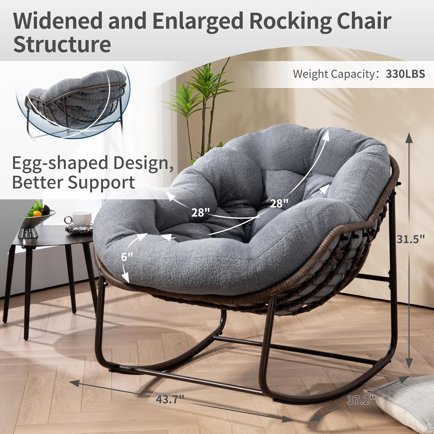 HOMEFUN Nursery Rocking Chairs Oversized Papasan Chair Indoor with Padded Cushion Upholstered Glider for Reading Living Rooms BedroomsOffices, Teddy Grey