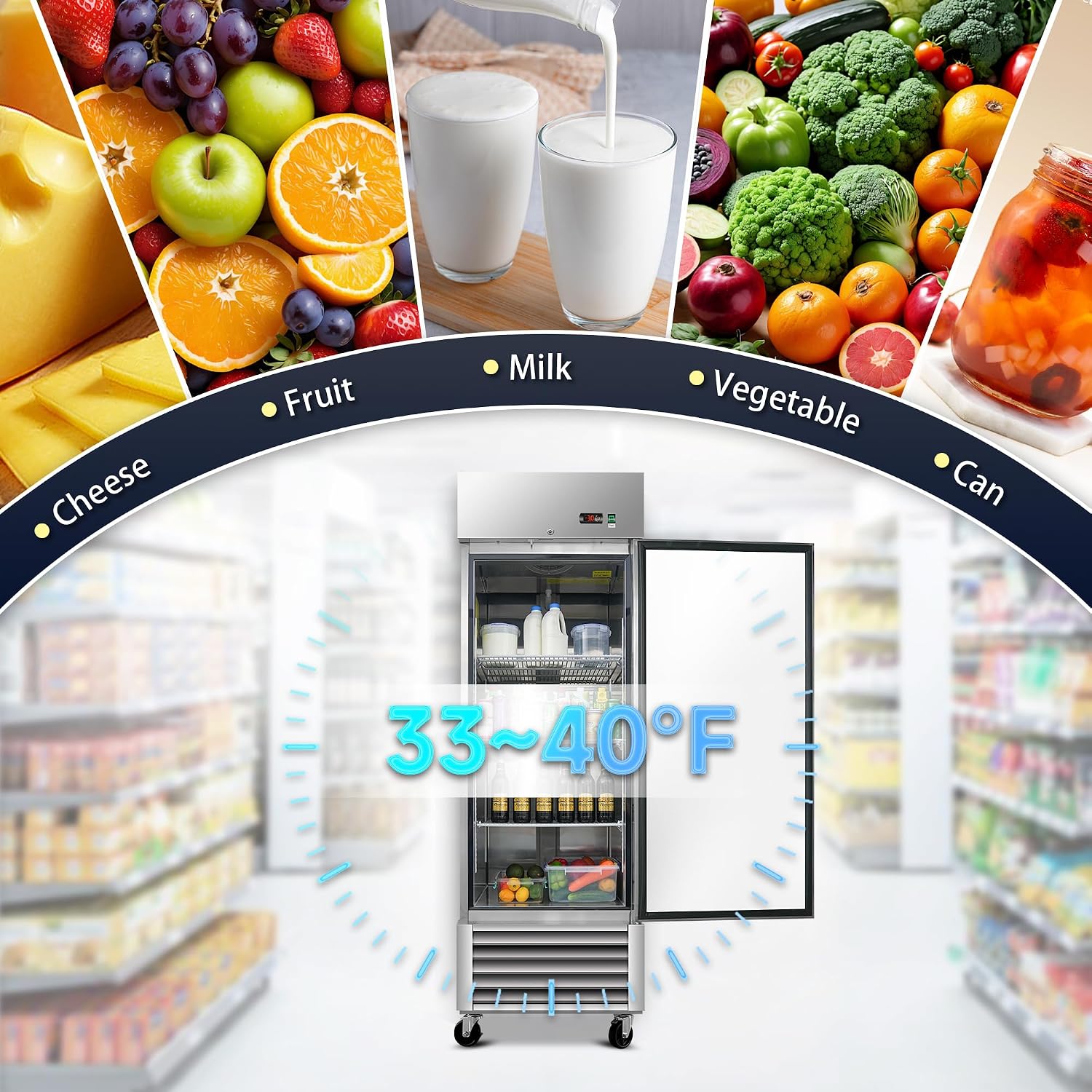 DeepTide 27' W Commercial Refrigerator with Single-Door: 23 Cubic Feet Storage, Adjustable Shelving, Automatic Defrosting, Precision Digital Thermostat, LED Lights, Safety Locks