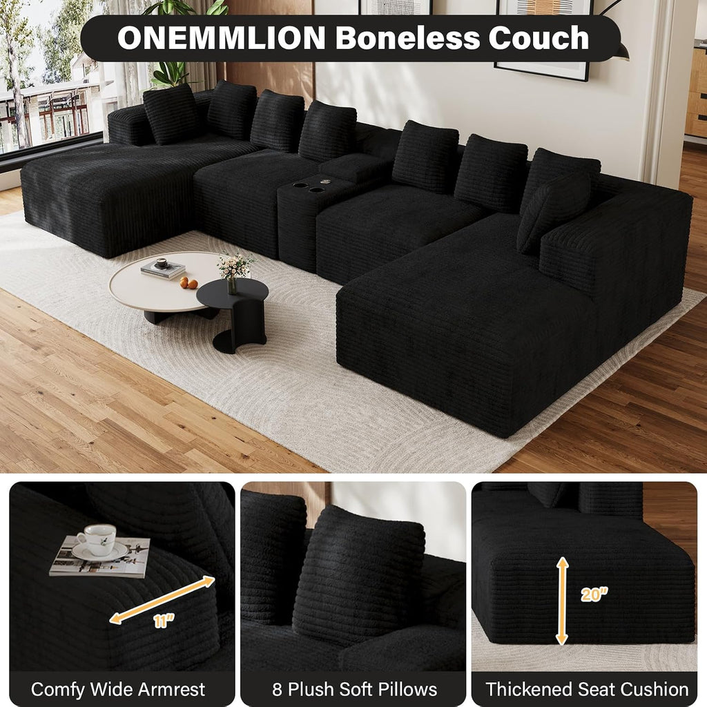 143' Oversized U Shaped Cloud Sectional Couches for Living Room, Comfy Fluffy Corduroy Black Boneless Couch, Large Modular Sectional Sofa Set with Chaise, Cup Holder, USB Port, Storage Console