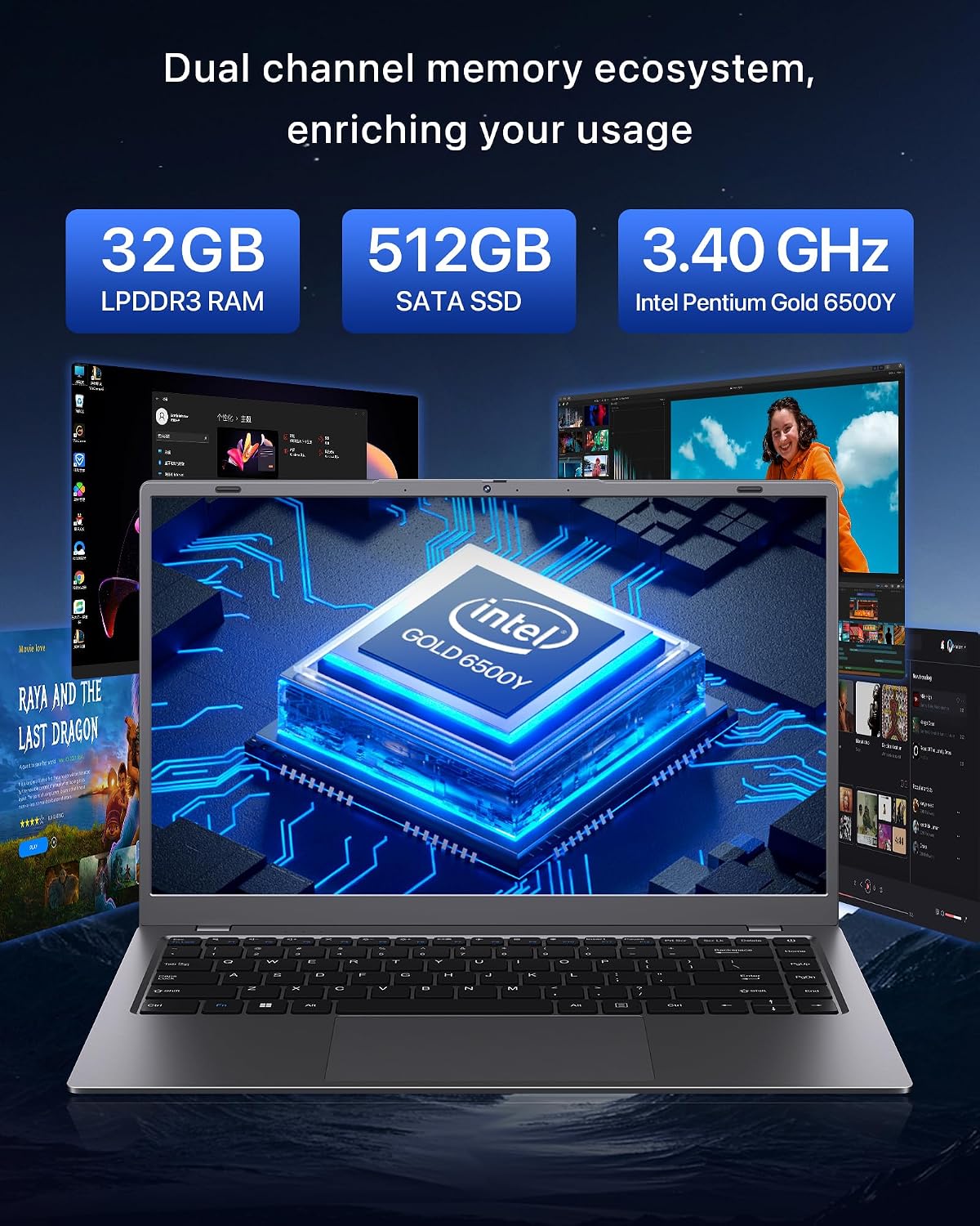 2026 Laptop, Pentium Gold 6500Y Processor(Up to 3.4GHz),32GB RAM 512GB SSD,14 Inch FHD IPS Display, 5000mAh Battery,Type-C,Portable Laptops Computer for Business Office Home