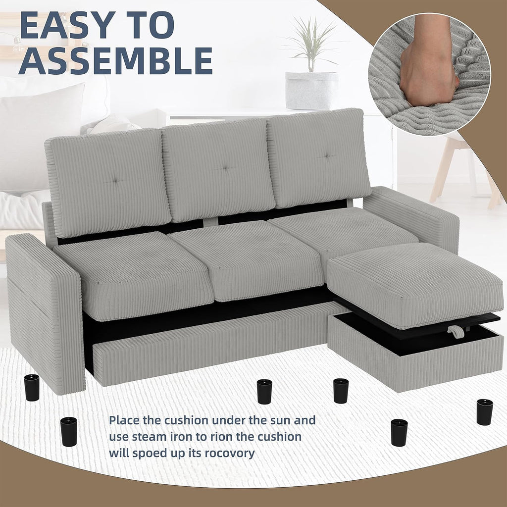 Convertible Sectional Sofa with Storage Ottoman, 77' L-Shaped 3-Seat Couch with Skin-Friendly Corduroy Fabric, Reversible Small Sectional for Small Space, Apartment, Living Room and Office (Grey)