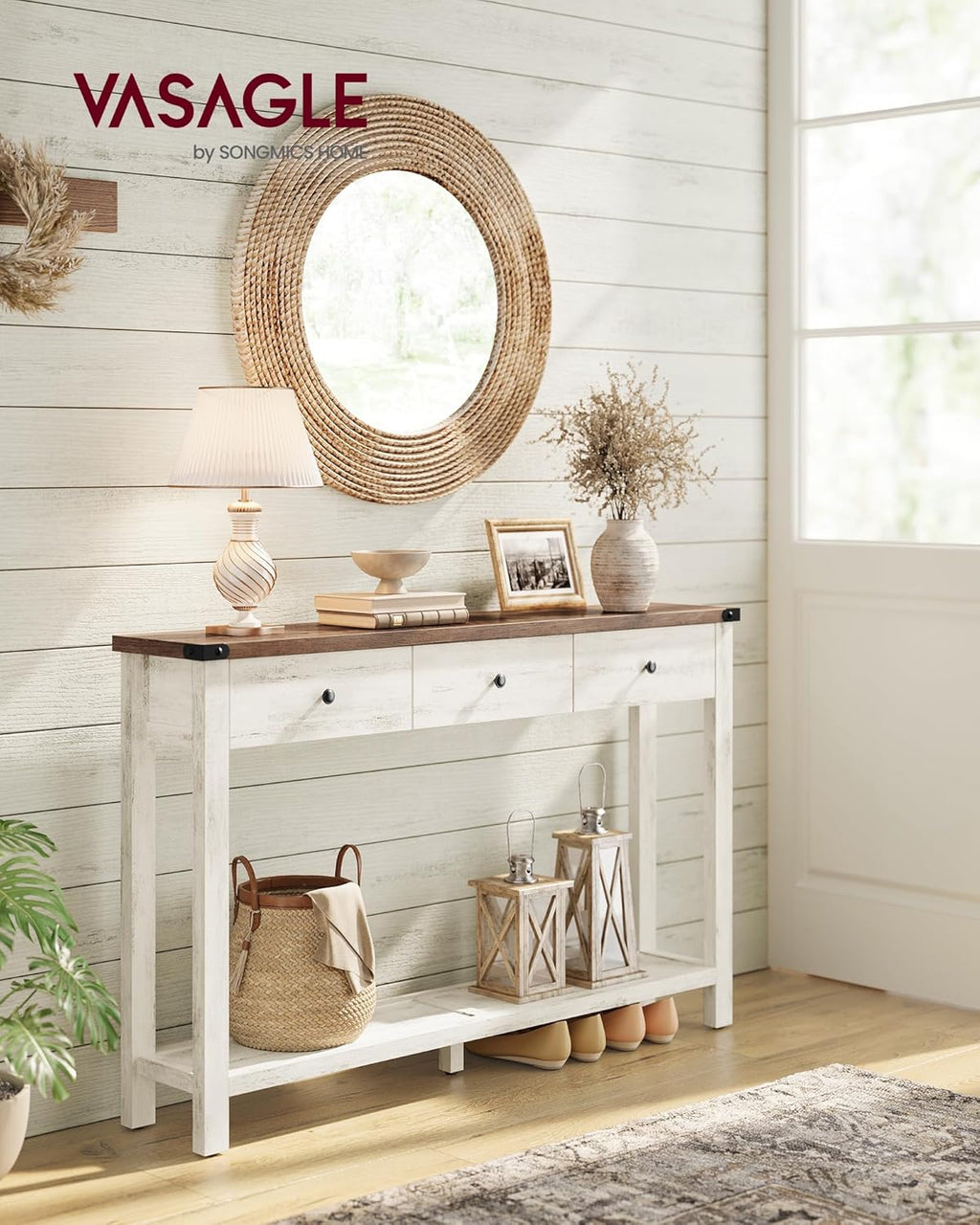 VASAGLE LIRY Collection - Console Table with 3 Drawers and Open Storage Shelf, Narrow Entryway Sofa Table for Living Room, Farmhouse Style, Metal Corners, Honey Brown and Rustic White ULNT142WJ02S