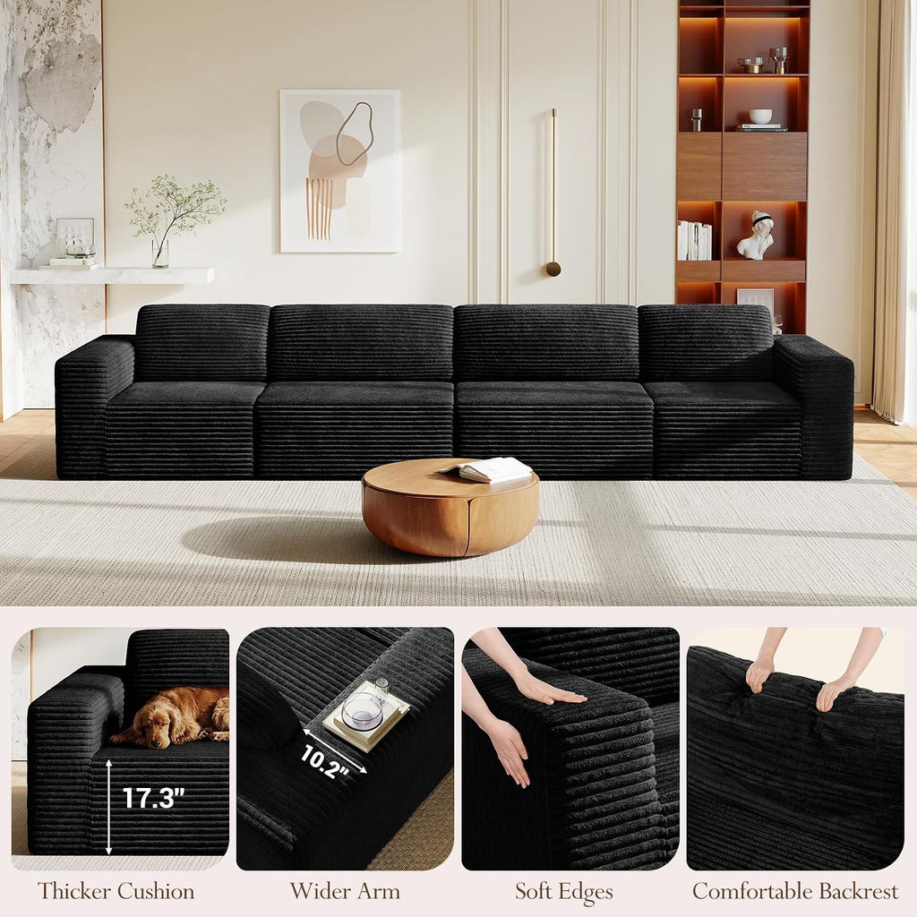 Vesgantti 159' Modular Sectional Sofa, Corduroy Cloud Couch with Extra Deep Seats & Spring Support, Flexible Layout 4-Seater Boneless Couch, No Assembly Required, Black