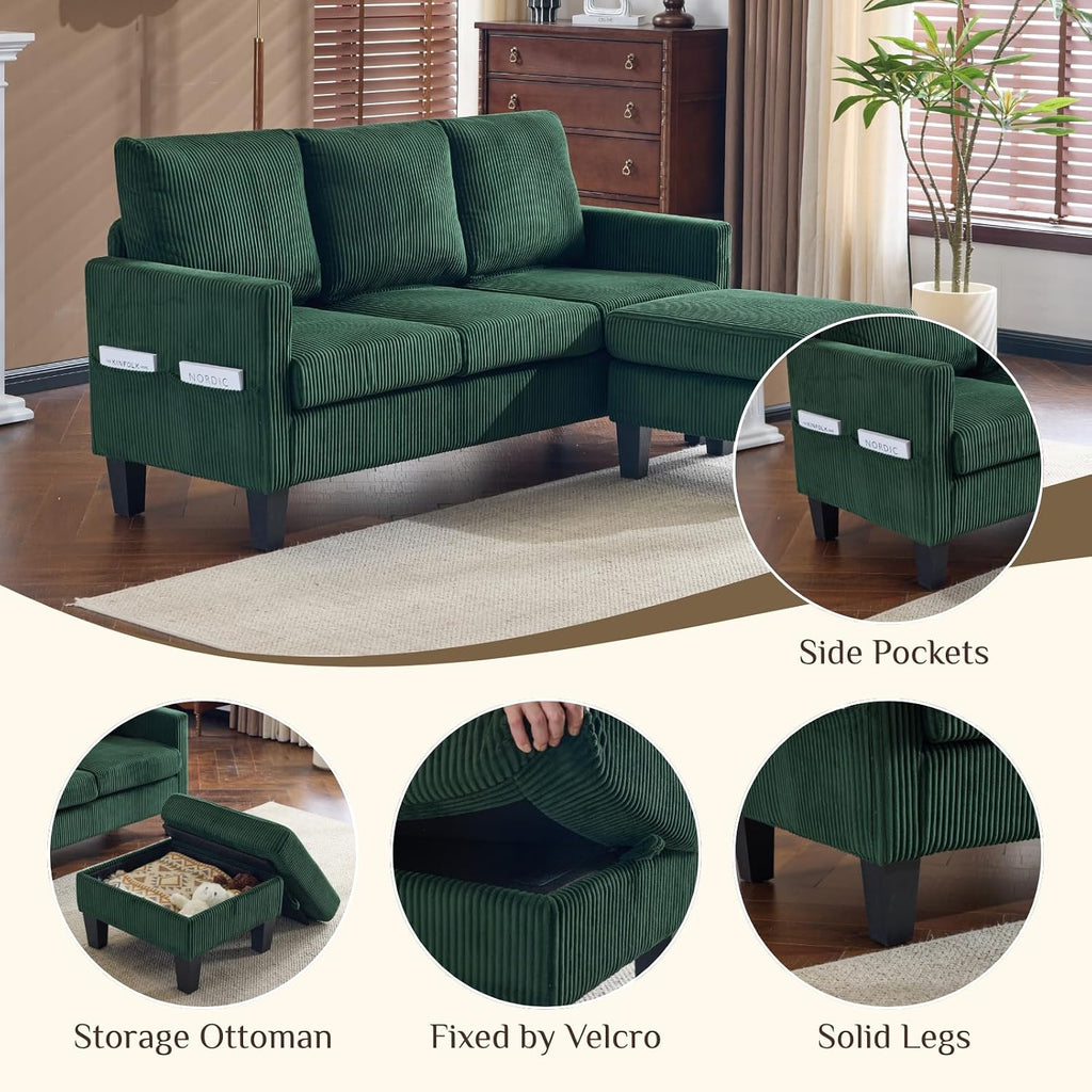 Karl home Small Sectional Couch L Shaped Sofa with Movable Storage Ottoman Corduroy Upholostered Sofa Chaise with Side Pockets for Living Room, Apartment, Studio, Green