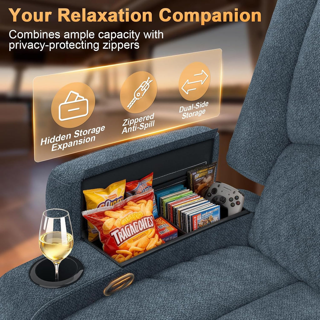 Oversized Manual Recliner Chair, 3 Angle Recliner Home Theater Seating, RV Recliner Single Sofa with Hidden Arm Storage, Cup Holder & Side Pocket (Single, Blue)
