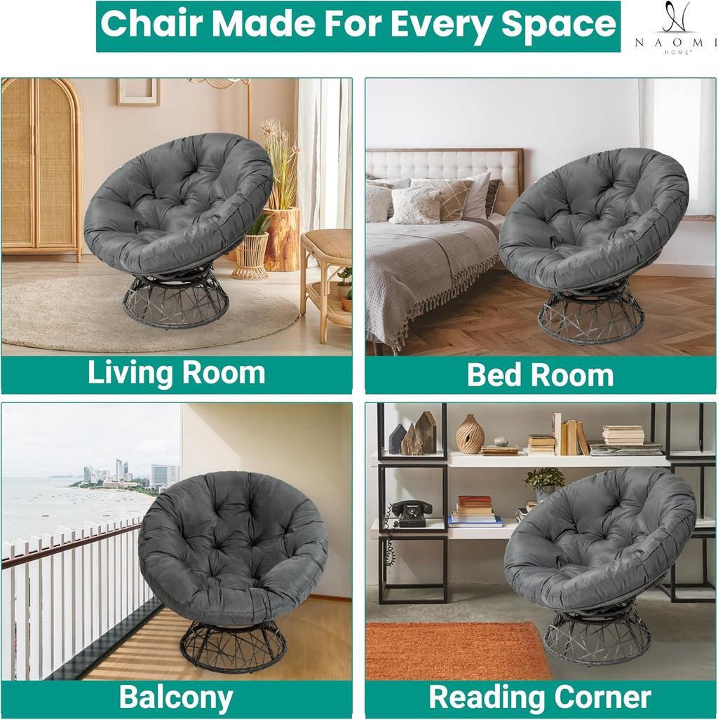 Naomi Home 40' Papasan Chair Indoor with Cushion and Frame – Round Wicker Papasan Chair with Thick Tufted Cushion, Sturdy Metal Base, Large Reading Chair for Bedroom & Living Room, Dark Gray