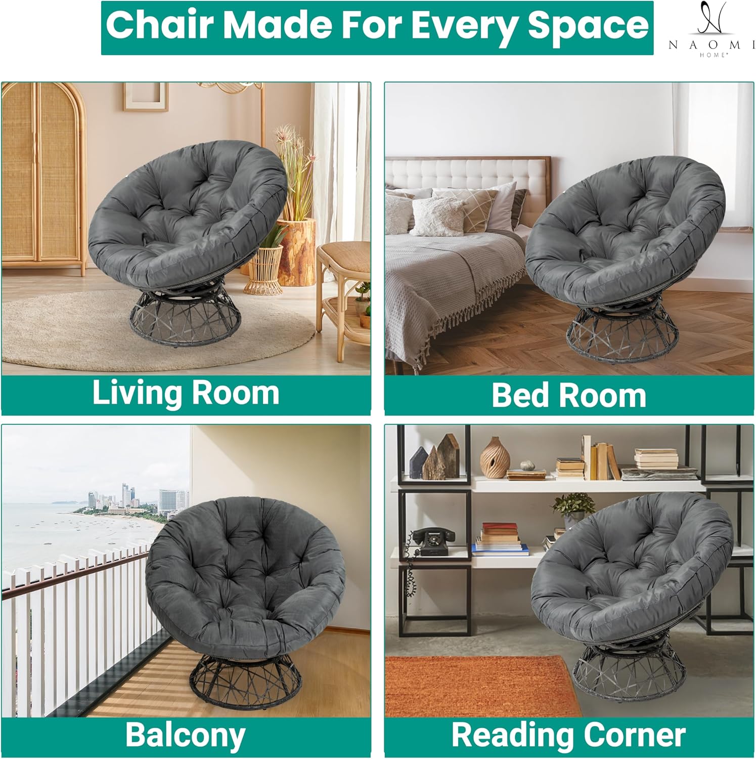 Naomi Home 40' Papasan Chair Indoor with Cushion and Frame – Round Wicker Papasan Chair with Thick Tufted Cushion, Sturdy Metal Base, Large Reading Chair for Bedroom & Living Room, Dark Gray