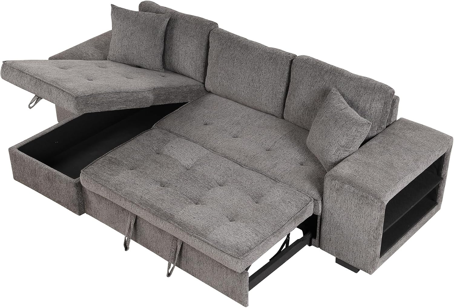 104.5 inch Reversible Sleeper Sectional Sofa with Pull Out Bed , Convertible L Shaped Sectional Couch with Storage Chaise and 2 Stools , Tufted Upholstered Pullout Sofa Bed for Living Room Apartment