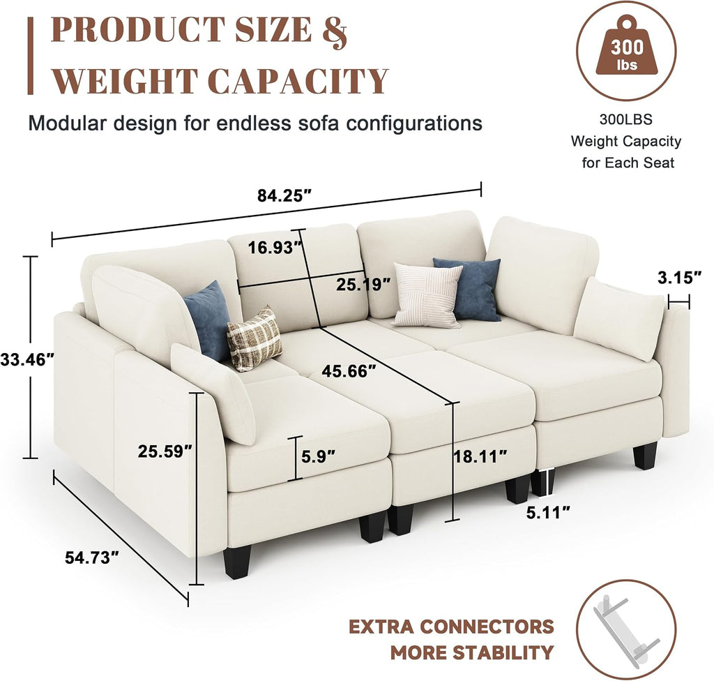 Sectional Sleeper Sofa, 6 Seaters Modular Sleeper Sofa Couch, Comfy Sectionals Couches Bed, Convertible Sofas with Ottomans, Modular Sectional Couches for Living Room, Beige