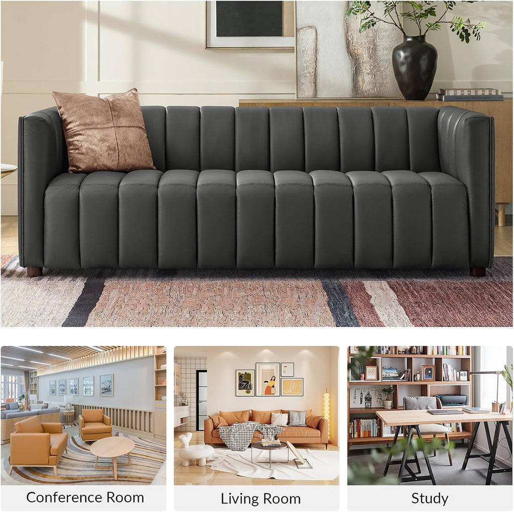 HULALA HOME 83' Genuine Leather Sofa with Channel Tufted Design, 3-Seater Sofa for Living Room Bedroom, Modern Oversized Couch with Wood Legs, Charcoal