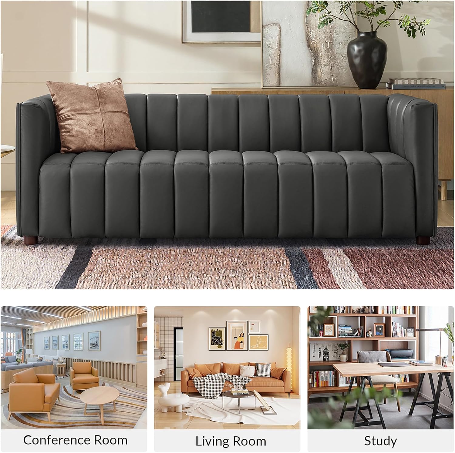 HULALA HOME 83' Genuine Leather Sofa with Channel Tufted Design, 3-Seater Sofa for Living Room Bedroom, Modern Oversized Couch with Wood Legs, Charcoal