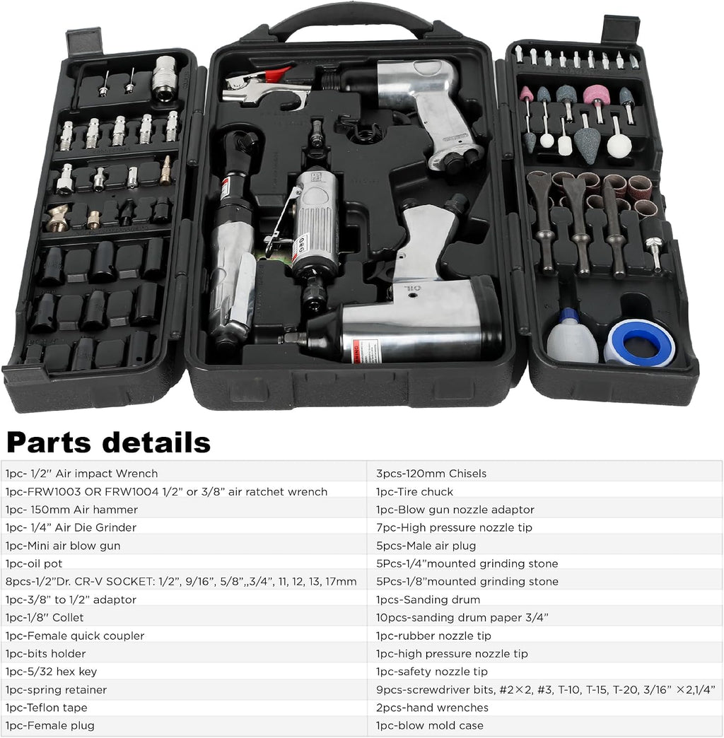 Air Tool and Accessories Kit, 71 Piece, Impact Wrench, Air Ratchet, Die Grinder, Aire Hammer, Hose Fittings, Storage Case for Garage,Shop