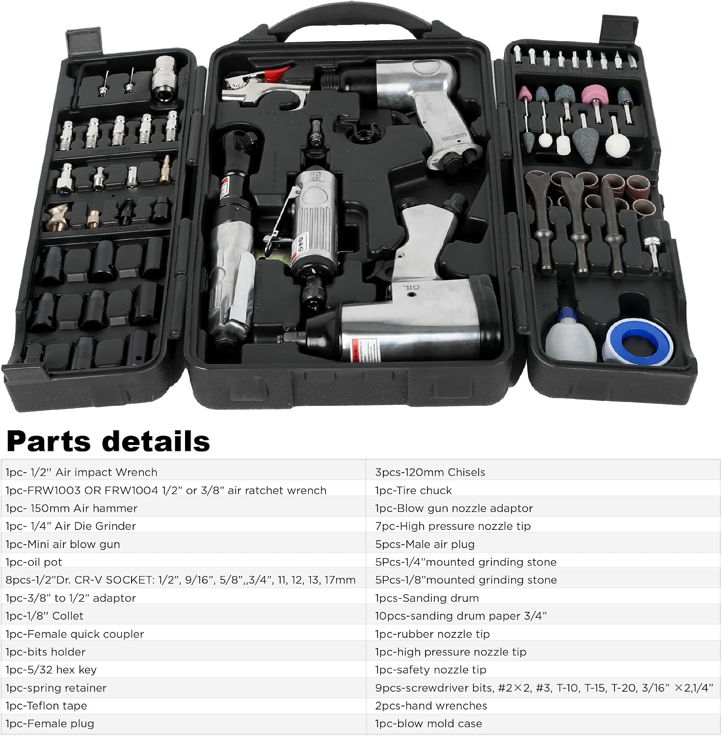 Air Tool and Accessories Kit, 71 Piece, Impact Wrench, Air Ratchet, Die Grinder, Aire Hammer, Hose Fittings, Storage Case for Garage,Shop