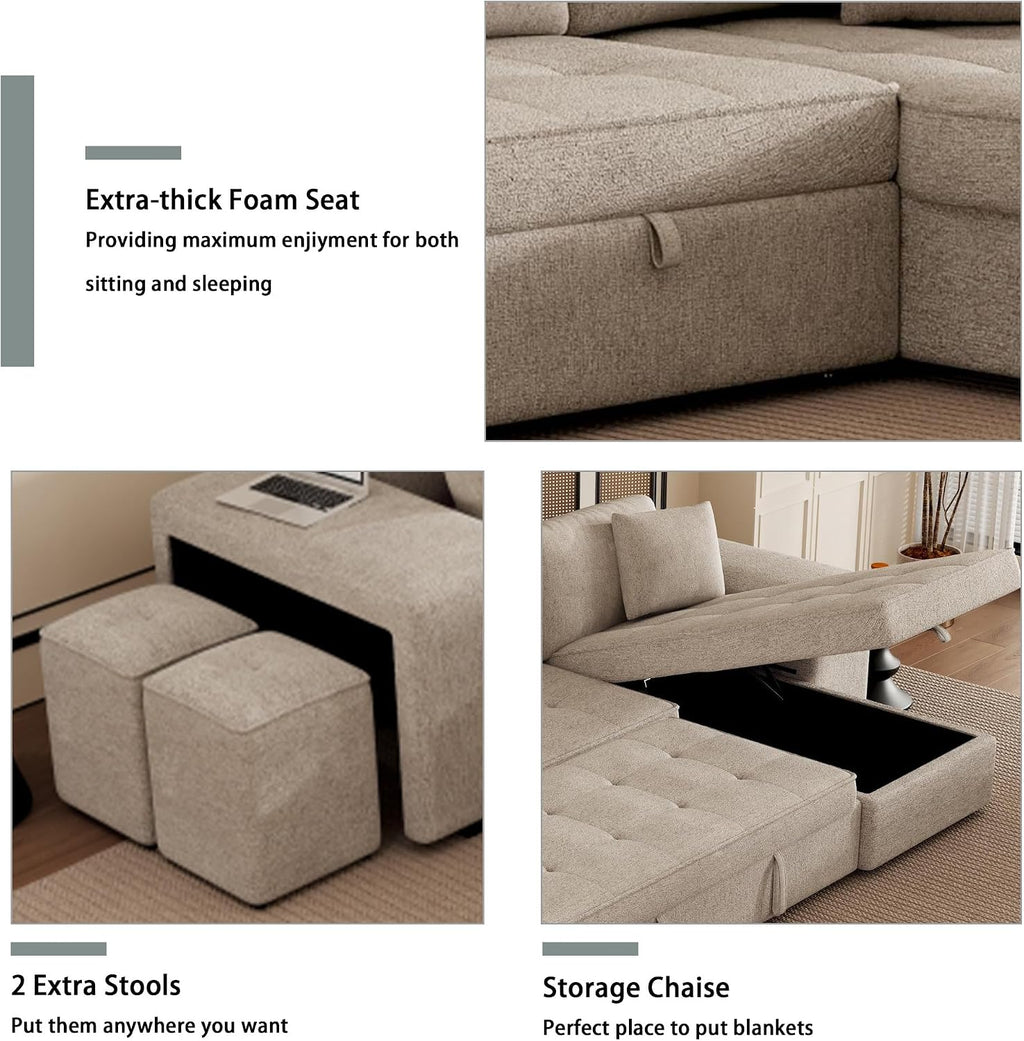 104.5 inch Reversible Sleeper Sectional Sofa with Pull Out Bed , Convertible L Shaped Sectional Couch with Storage Chaise and 2 Stools , Tufted Upholstered Pullout Sofa Bed for Living Room Apartment
