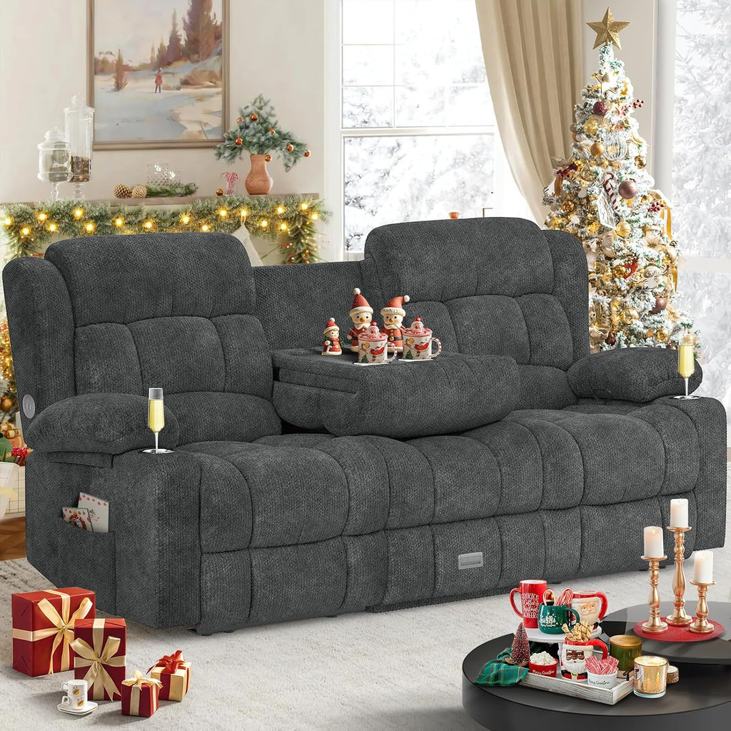 Dresegmt Loveseat Recliner Sofa, Flip Middle Backrest Design 3 Seat Reclining Sofa with Storage Drawer, USB Ports & Cup Holders, Manual Couch for Living Room/RV (Gray)