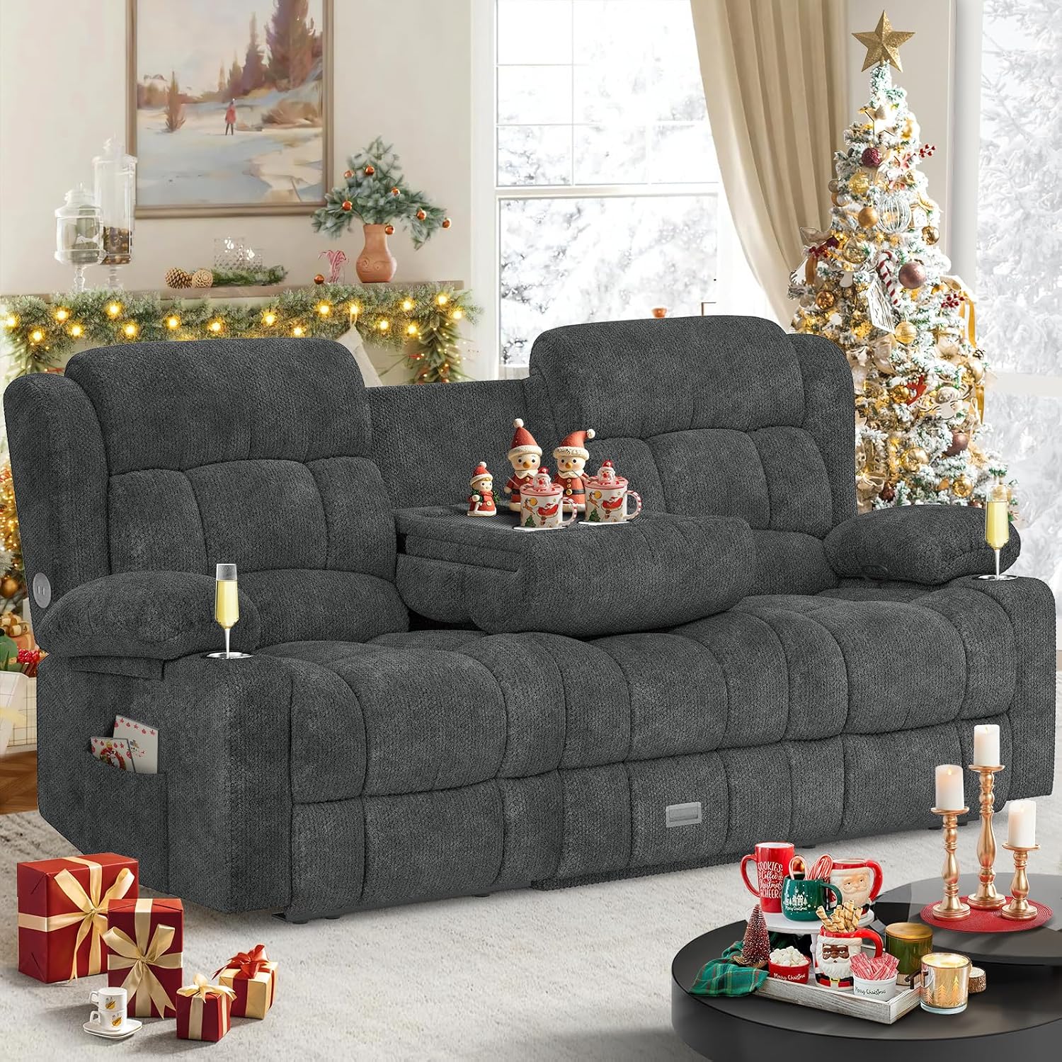 Dresegmt Loveseat Recliner Sofa, Flip Middle Backrest Design 3 Seat Reclining Sofa with Storage Drawer, USB Ports & Cup Holders, Manual Couch for Living Room/RV (Gray)
