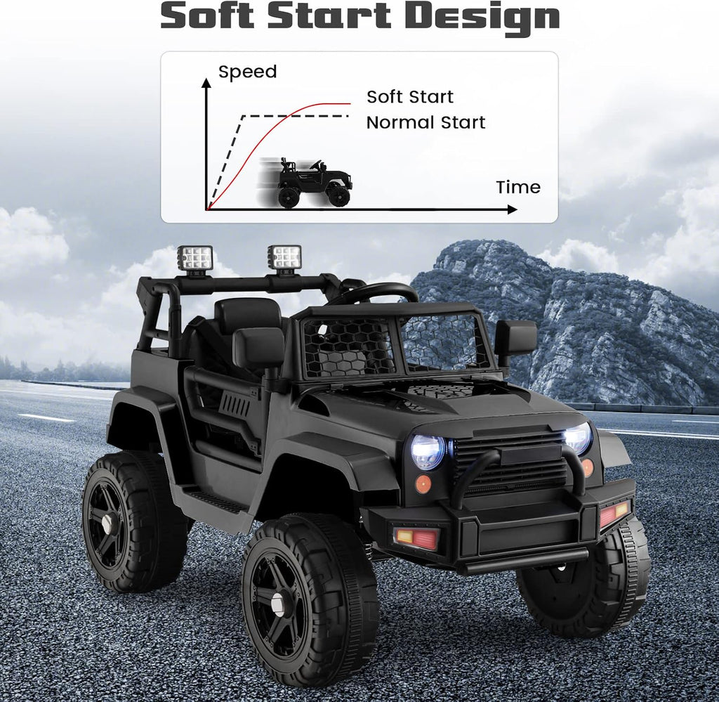 OLAKIDS Kids Ride On Truck, 12V Electric Vehicle Jeep Car with Remote Control, Toddlers Battery Powered Toy with 2 Speeds, Spring Suspension, Double Open Doors, LED Lights, Music, TF, USB, Mp3 (Black)