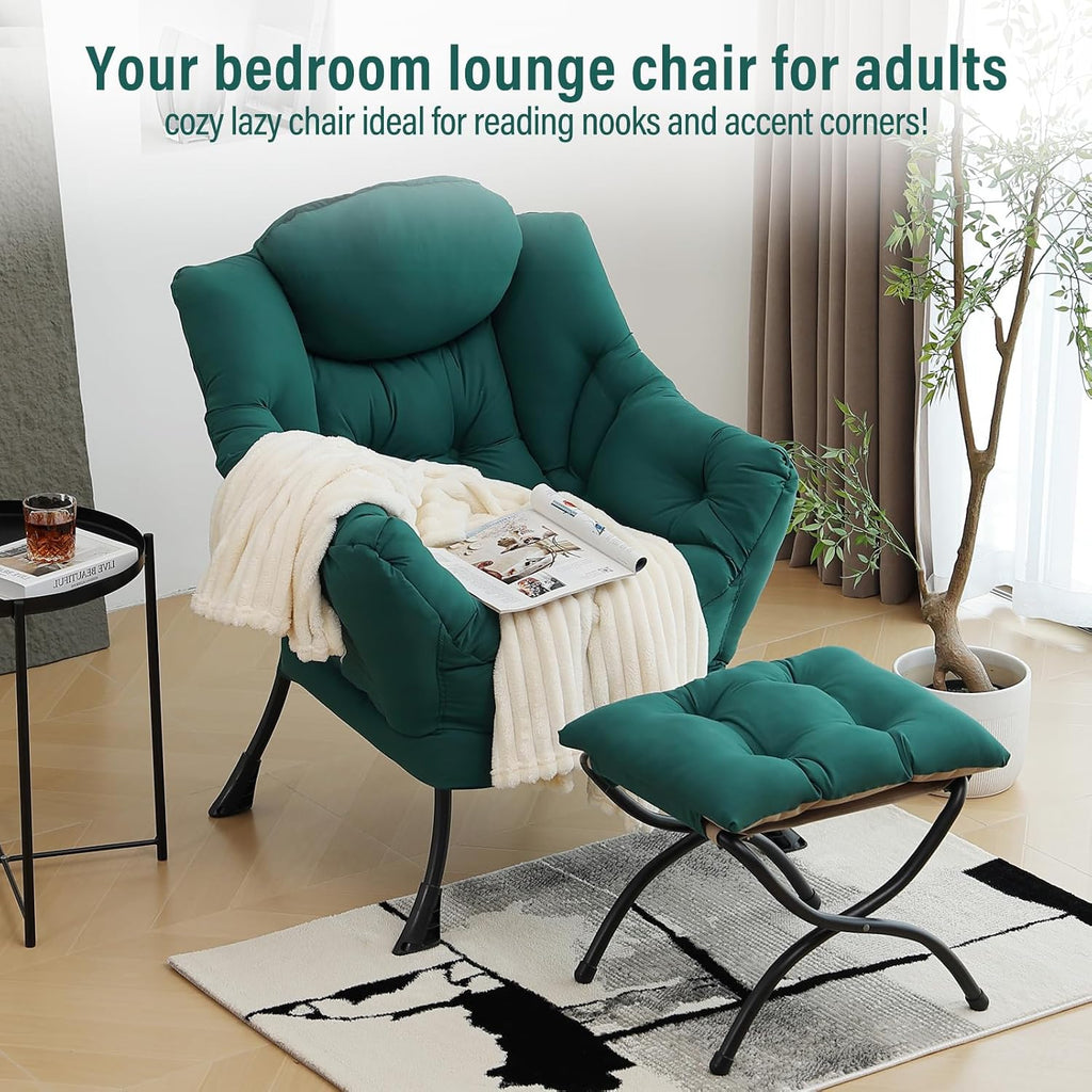 Furlide Lazy Chair with Ottoman, Modern Accent Chair with Armrests and a Side Pocket, Dark Green Accent Chairs, Reading Chairs, Oversized Armchairs for Bedroom, Study, Living Room, Courtyard