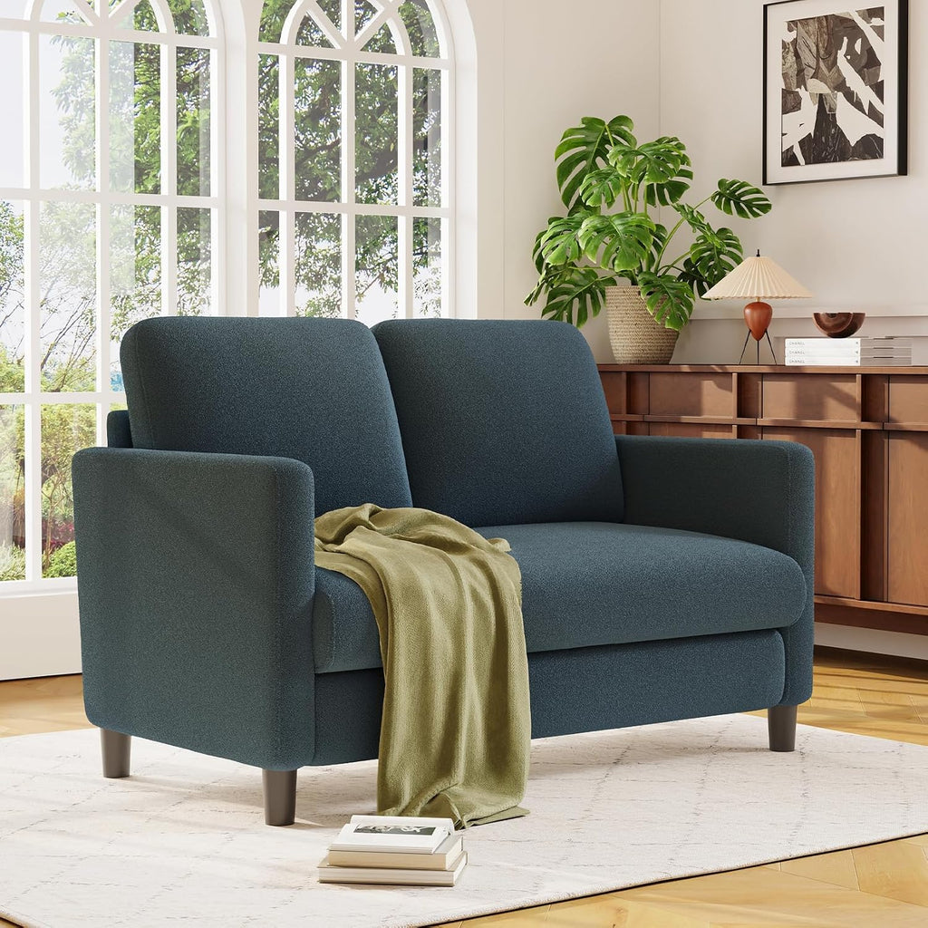 Welzona Loveseat, 51' Small Couch, Comfy Teddy Love Seat for Living Room, Tool-Free Setup Loveseat Sofa for Small Spaces, All-Wood Small Sofa Couch for Bedroom, Blue Grey